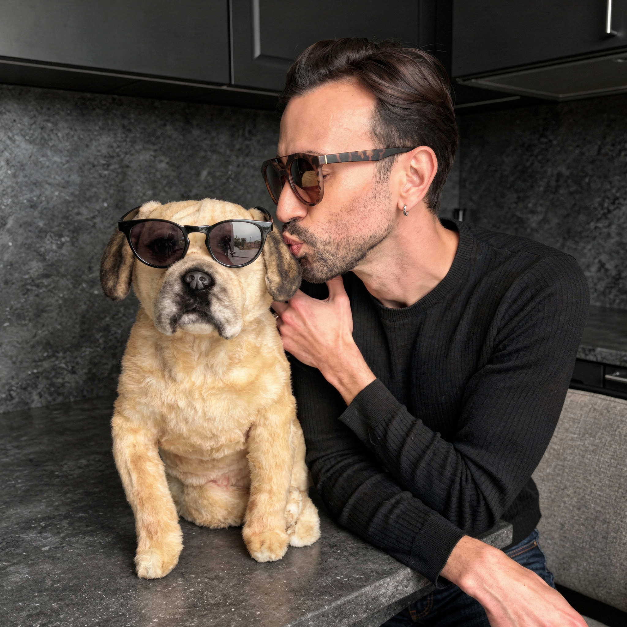 Tan plush & owner in sunglasses on table; owner kisses dog on cheek.