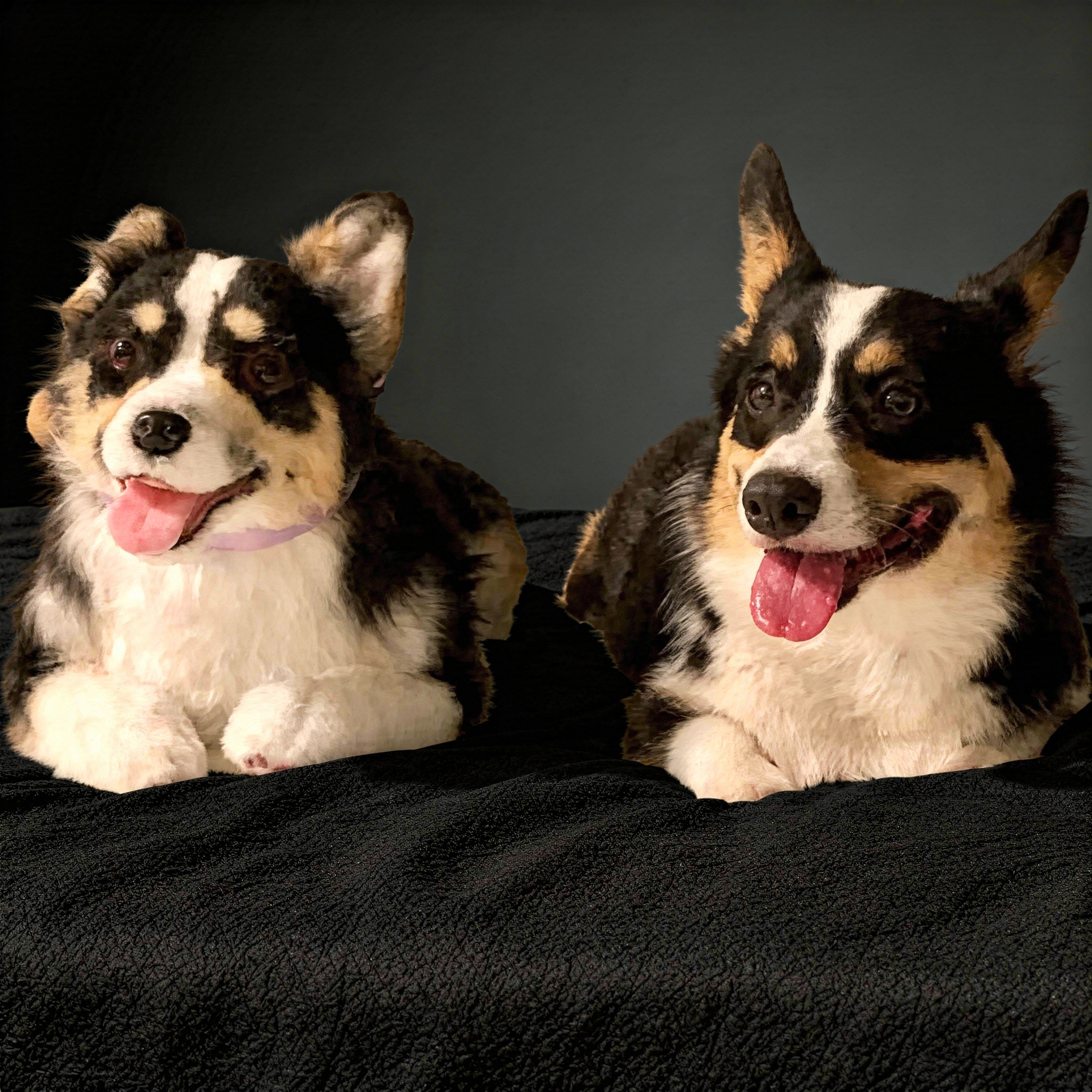 Pembroke Welsh Corgi dog sitting next to corgi plush toy on white bedding, both with tri-color black white and tan fur patterns and tongues out.