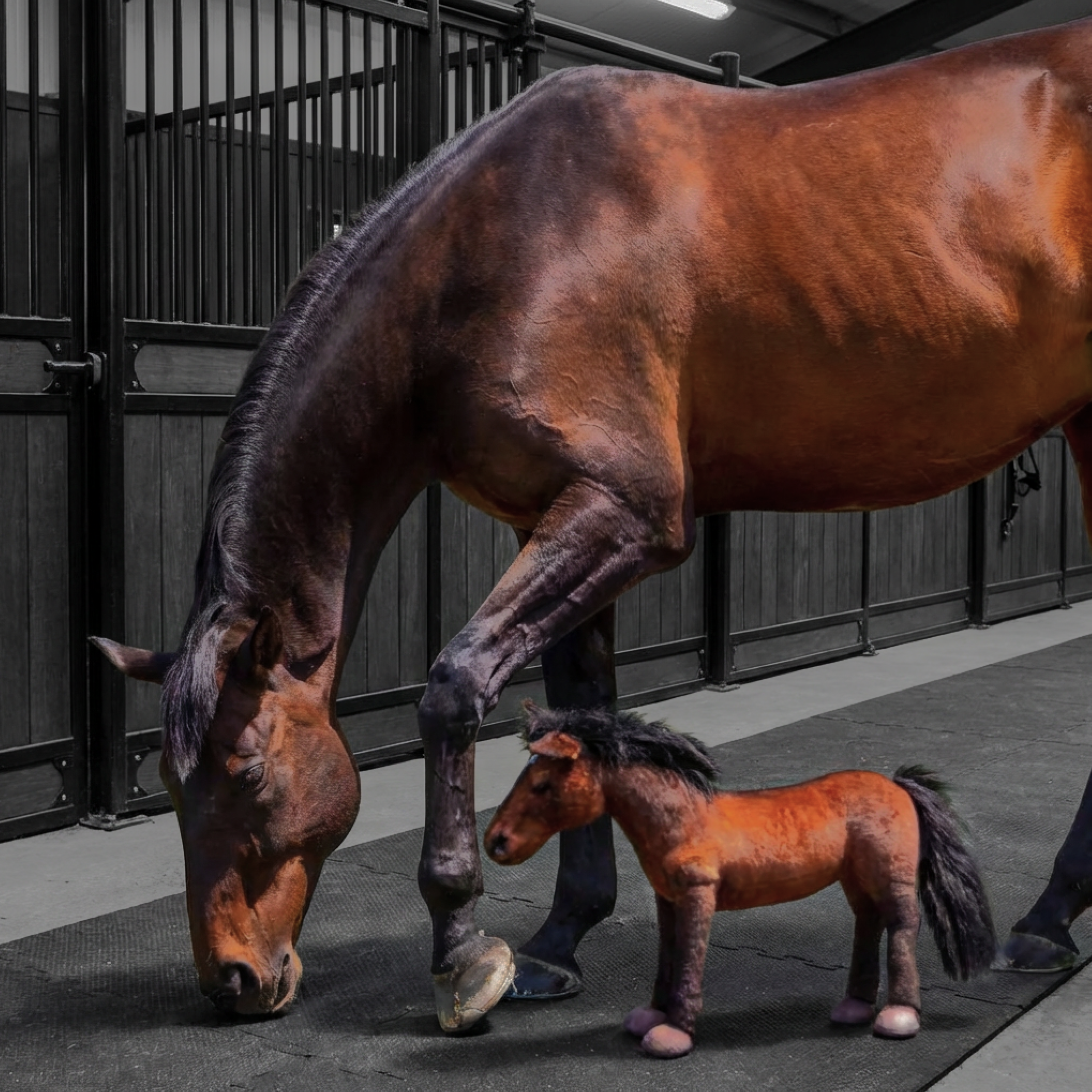 A horse next to a small horse figurine on grass.