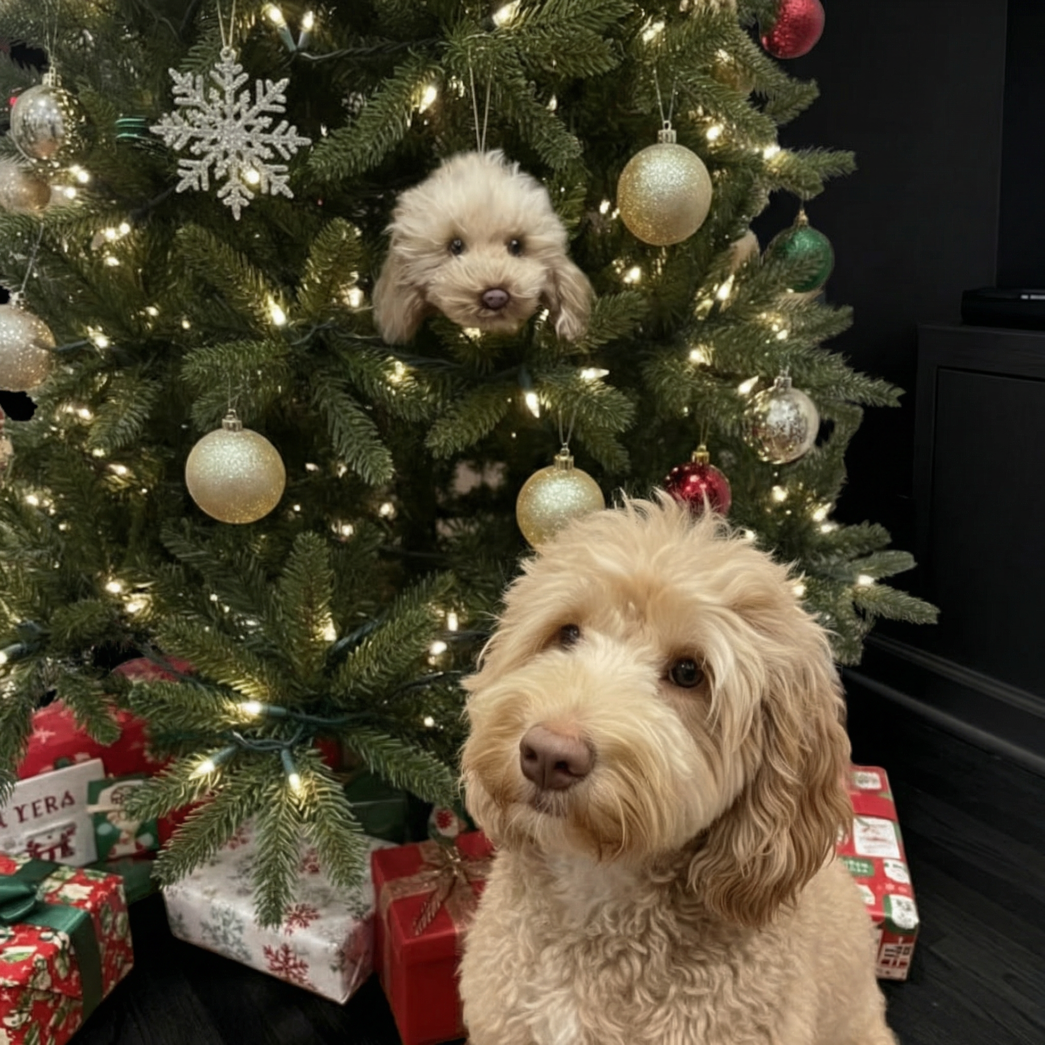 Dog in front of a decorated Christmas tree with ornaments and gifts.