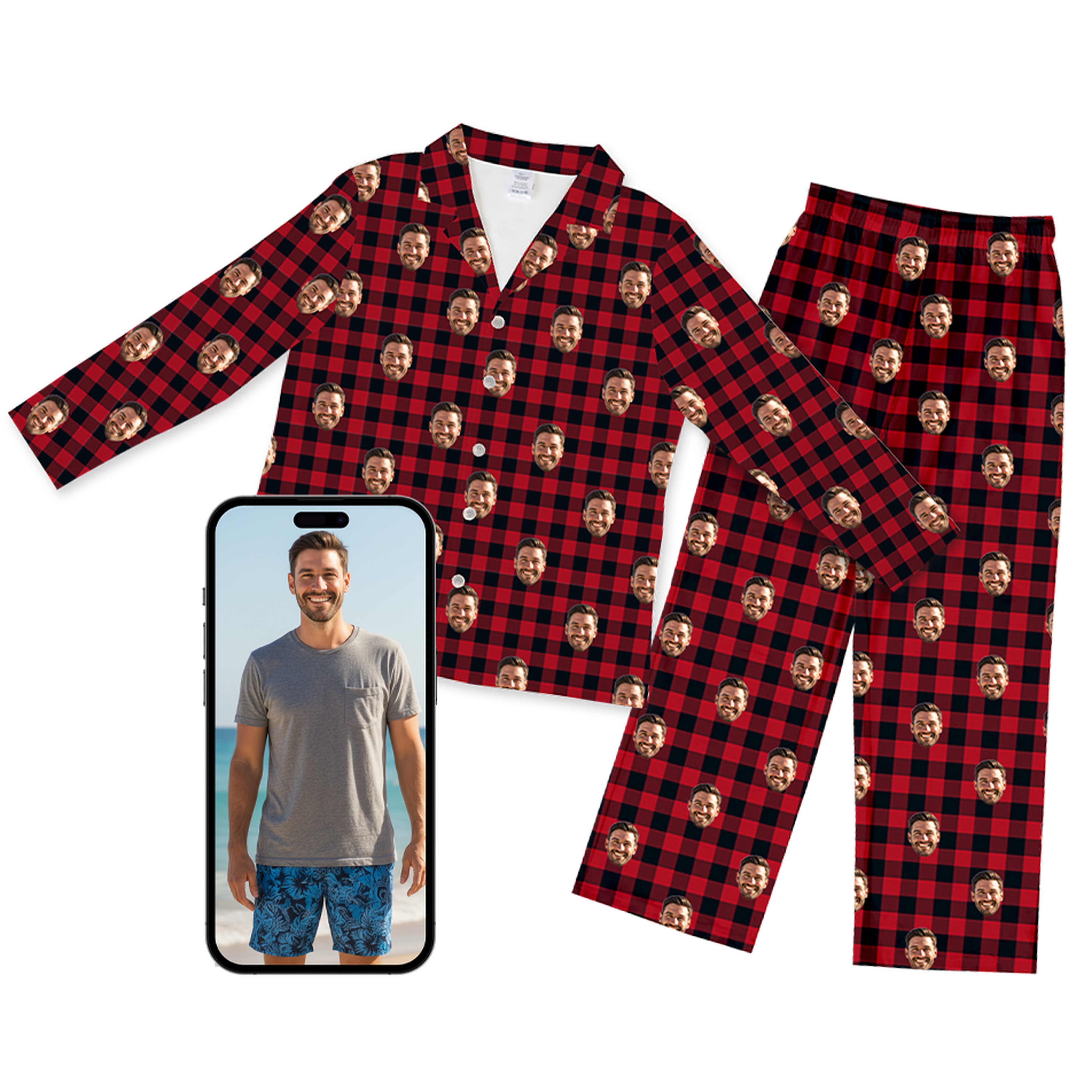 Red and black plaid pajamas with faces, next to a phone showing a man on a beach.