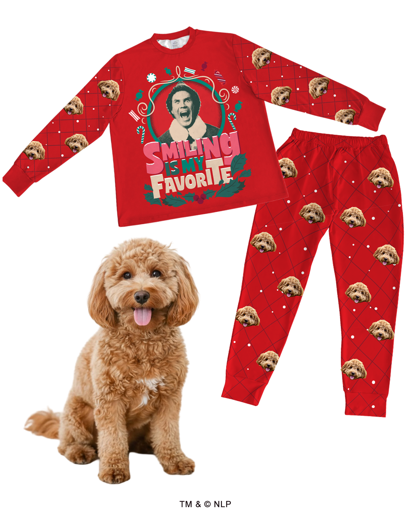 A red long-sleeve pajama set featuring a graphic of Buddy the Elf with the text 'SMILING IS MY FAVORITE,' surrounded by Christmas graphics.