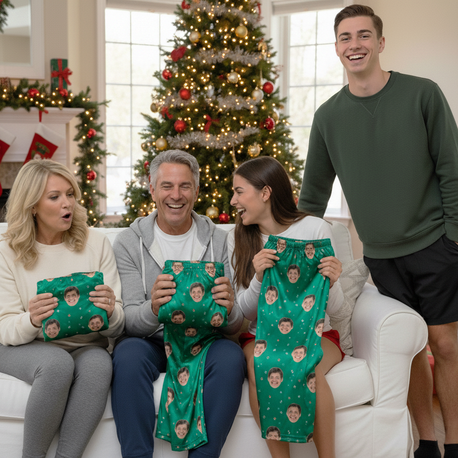 Family exchanging face-themed gifts in front of a decorated Christmas tree.