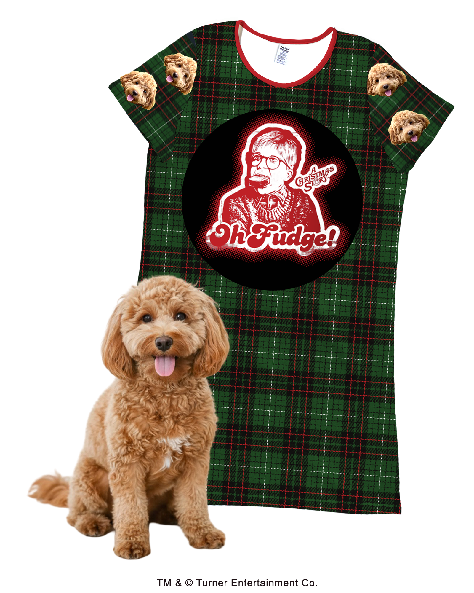 A short-sleeve nightgown in a green, black, and red plaid pattern, featuring a large central red and white graphic of Ralphie with soap in his mouth and the quote 'Oh Fudge!' The sleeves are patterned with a repeating design of a fluffy brown Cockapoo's face. A real Cockapoo dog sits in the foreground.