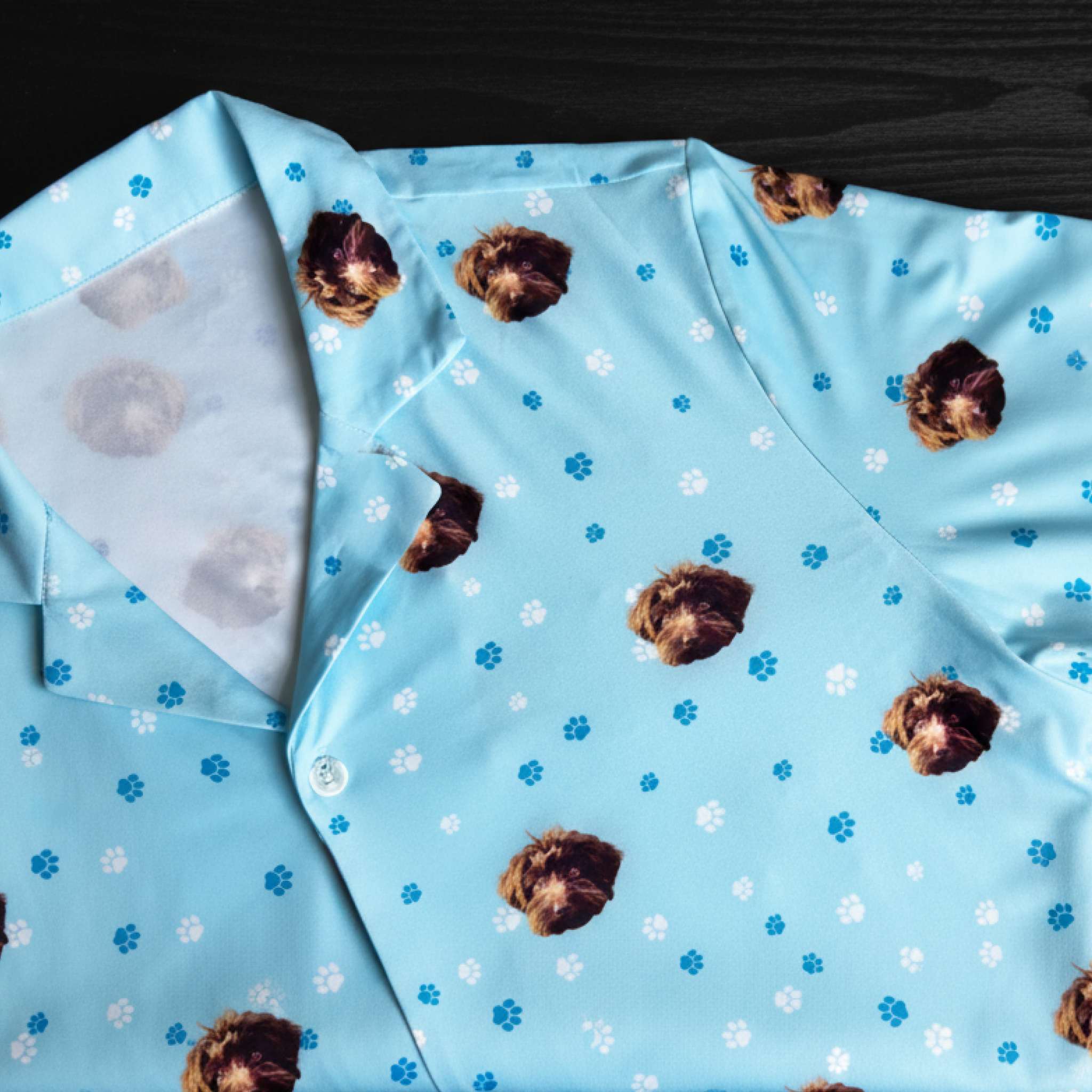 Light blue shirt with dog face and paw prints pattern.