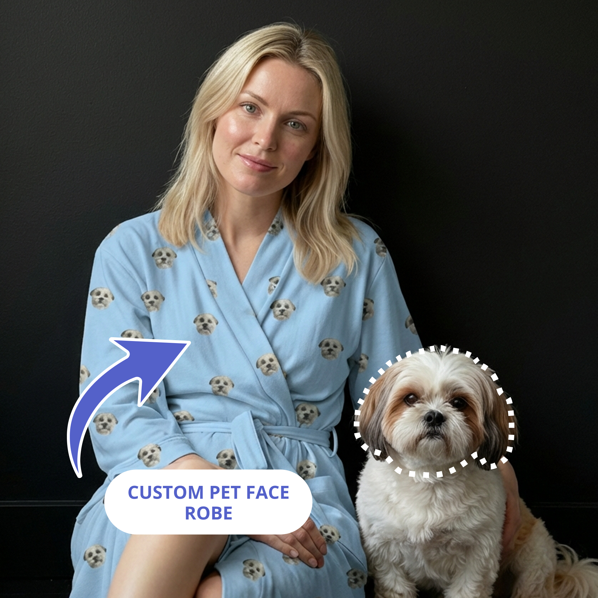 Woman wearing a light blue robe next to her dog.