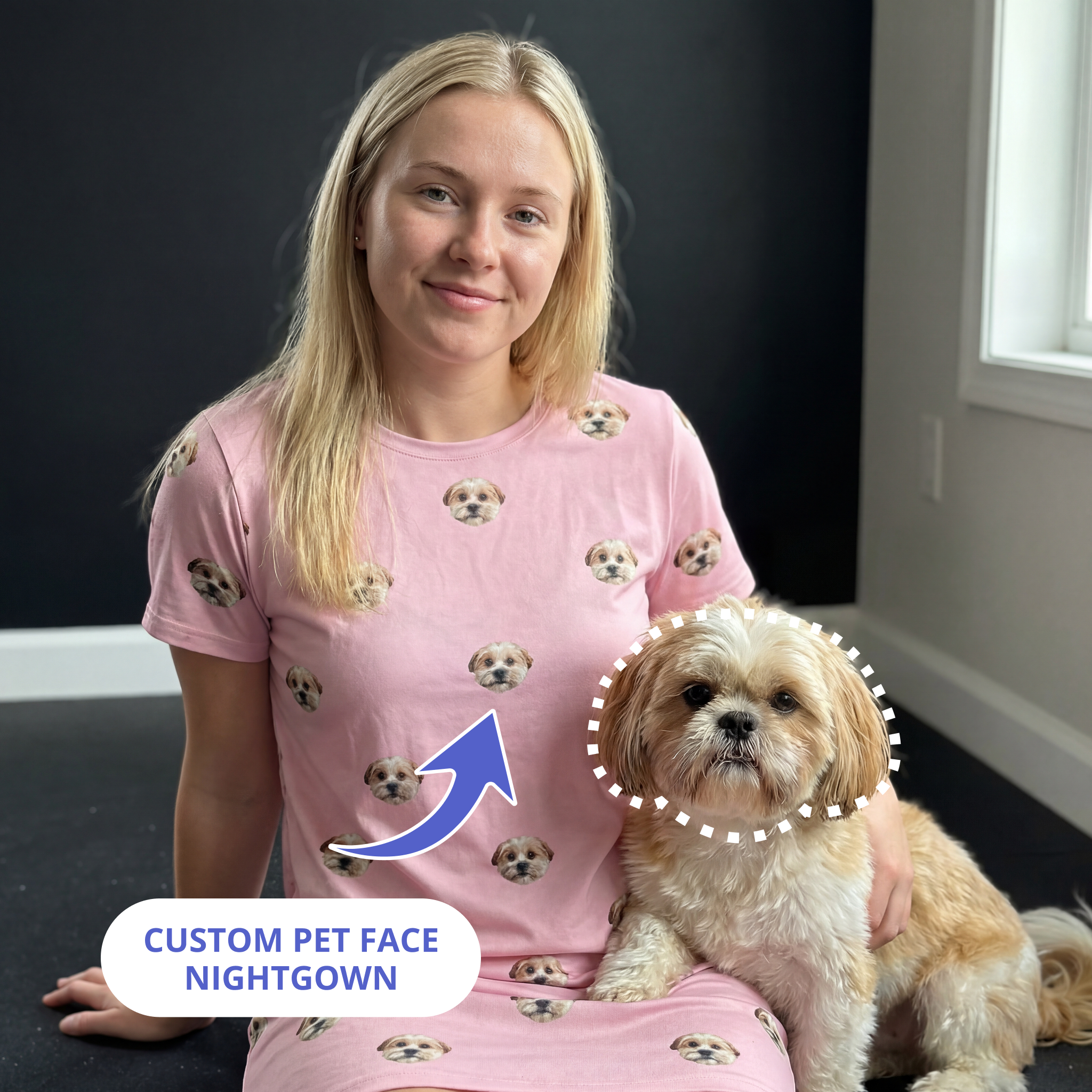 Blond woman wearing a pink nightgown next to her dog.