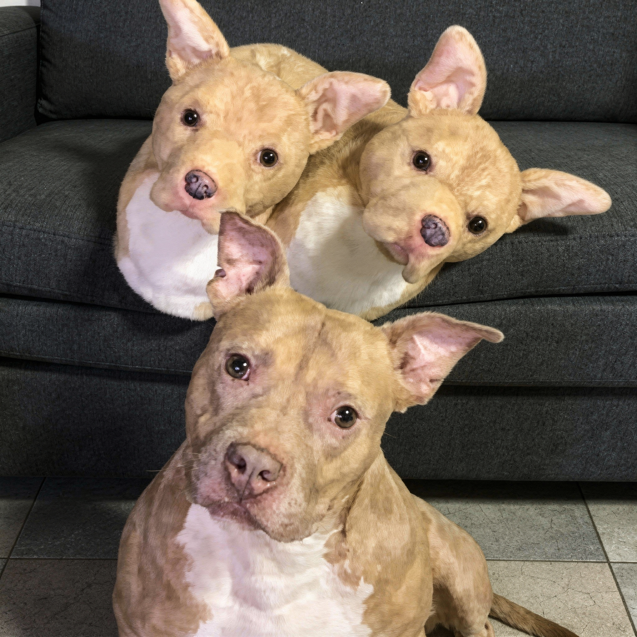 Brown dog, white chest, sits on couch by 2 plush slippers identical to its face, w/ upright ears & matching coloring.