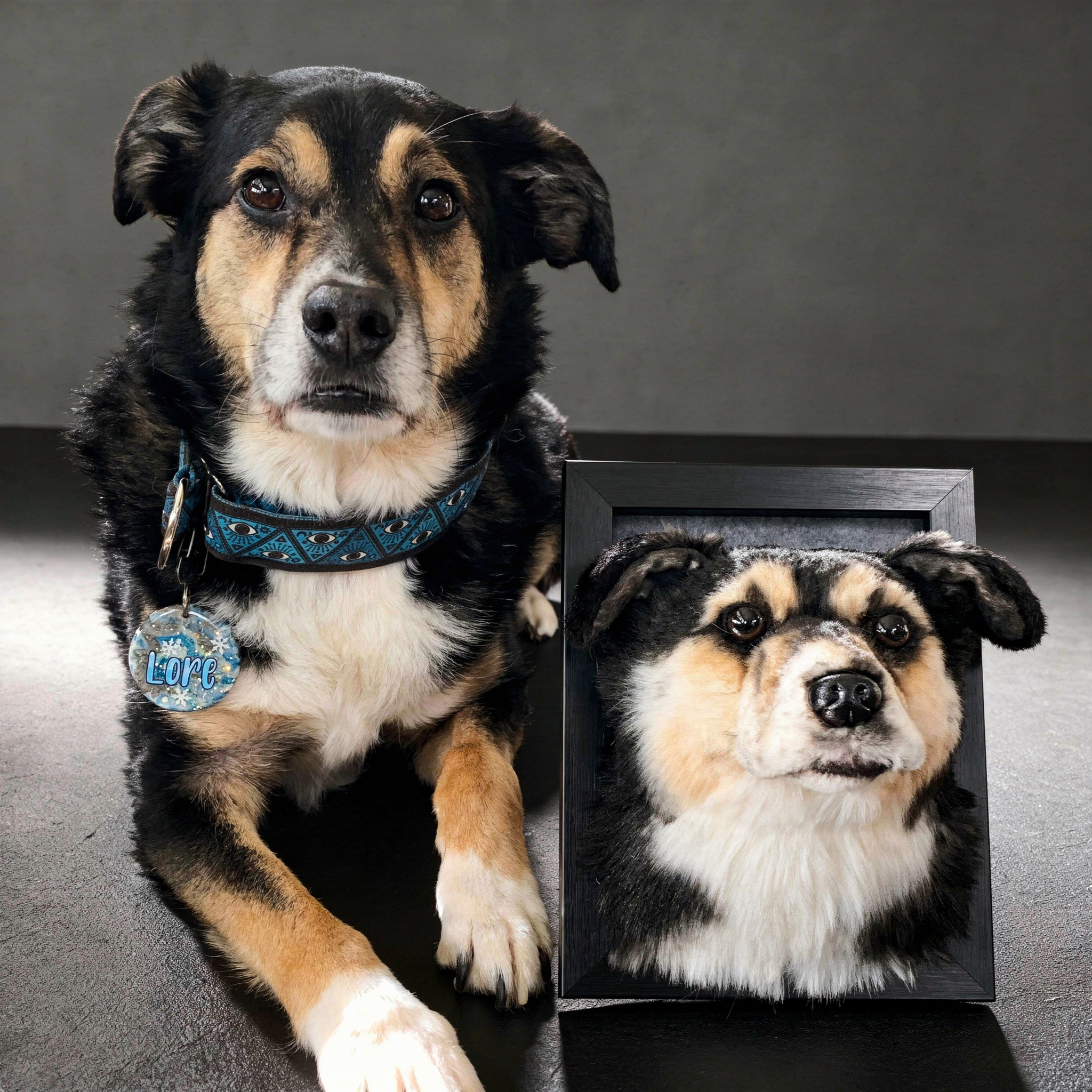 Black and tan mixed breed dog named Hope wearing a blue collar next to a framed custom pet portrait