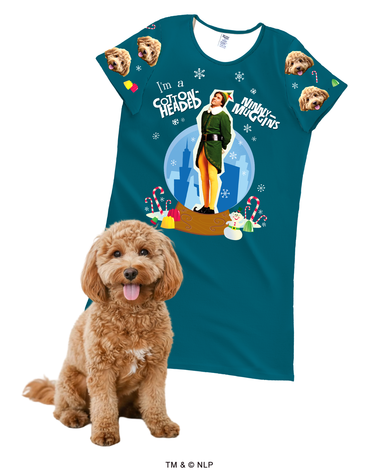 A teal, short-sleeve nightgown featuring a large central graphic of Buddy the Elf in a snow globe scene, along with the quote 'I'm a cotton-headed ninny muggins.' The sleeves are patterned with repeated images of a fluffy brown Cockapoo's head, candy, and candy canes. A real Cockapoo dog sits in the foreground.