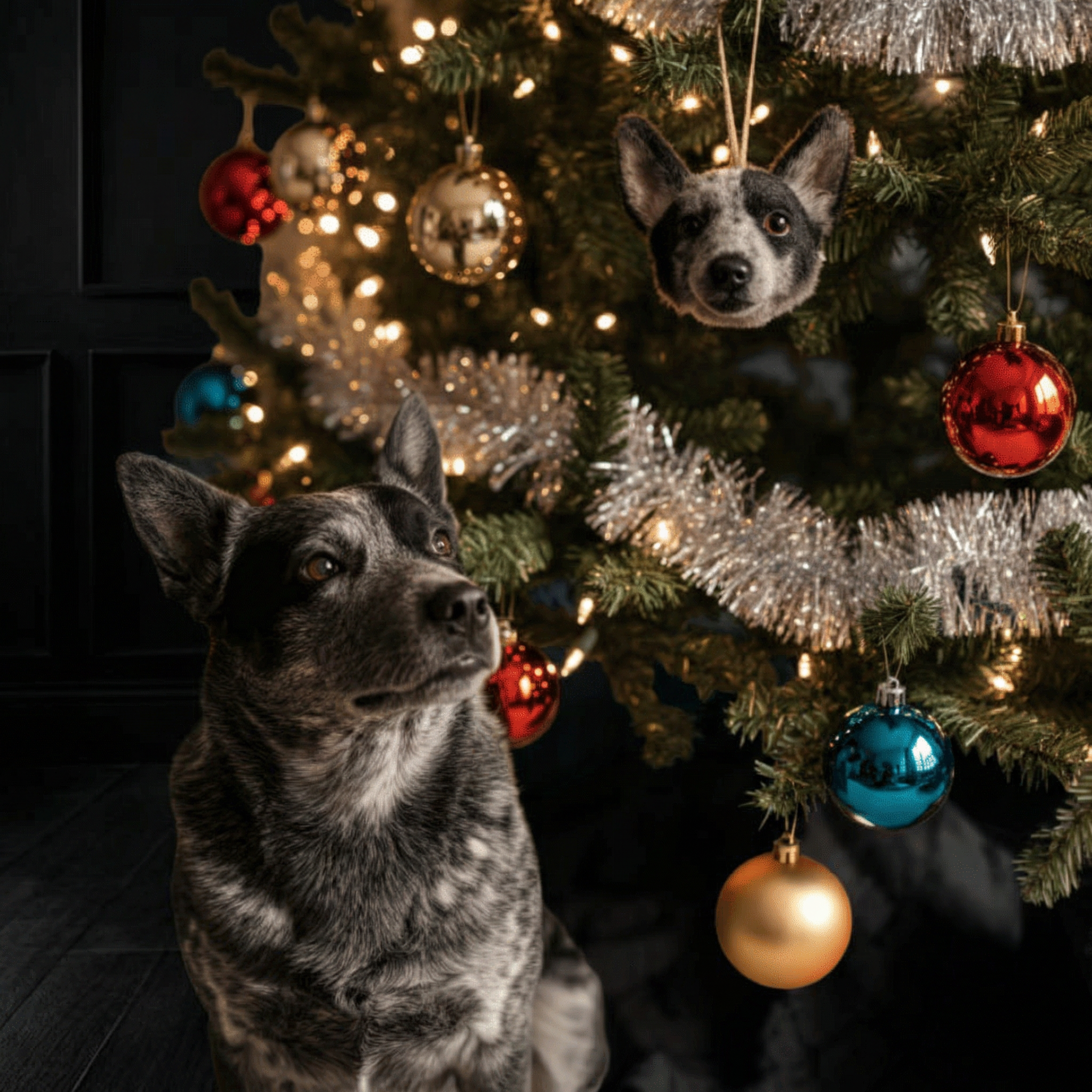 Australian Cattle Dog looks up at plush face ornament on Christmas tree.