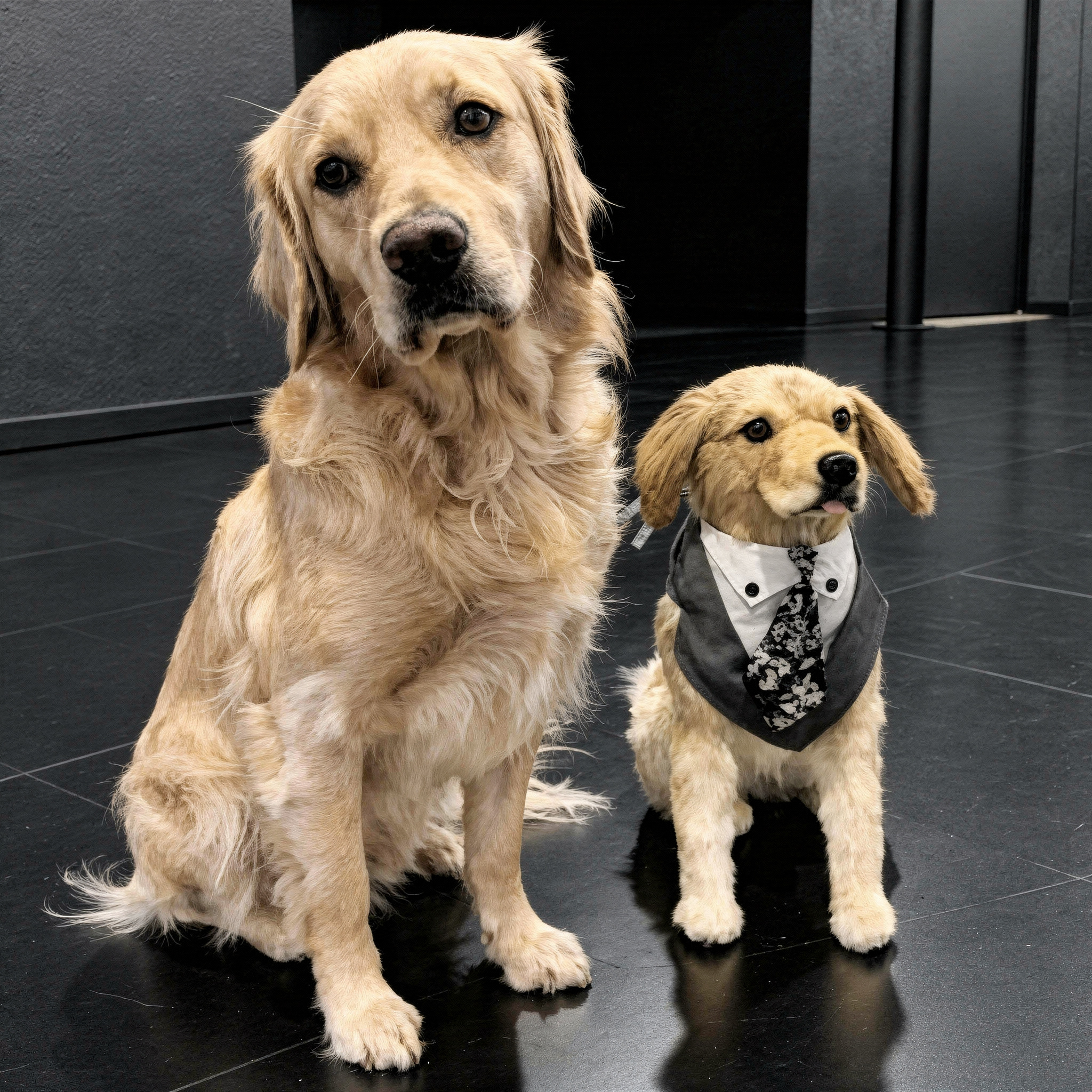 A real Golden Retriever sitting on a wooden floor in a kitchen next to a realistic custom plush stuffed animal replica of itself. The plush toy is dressed in a formal tuxedo bandana with a tie.