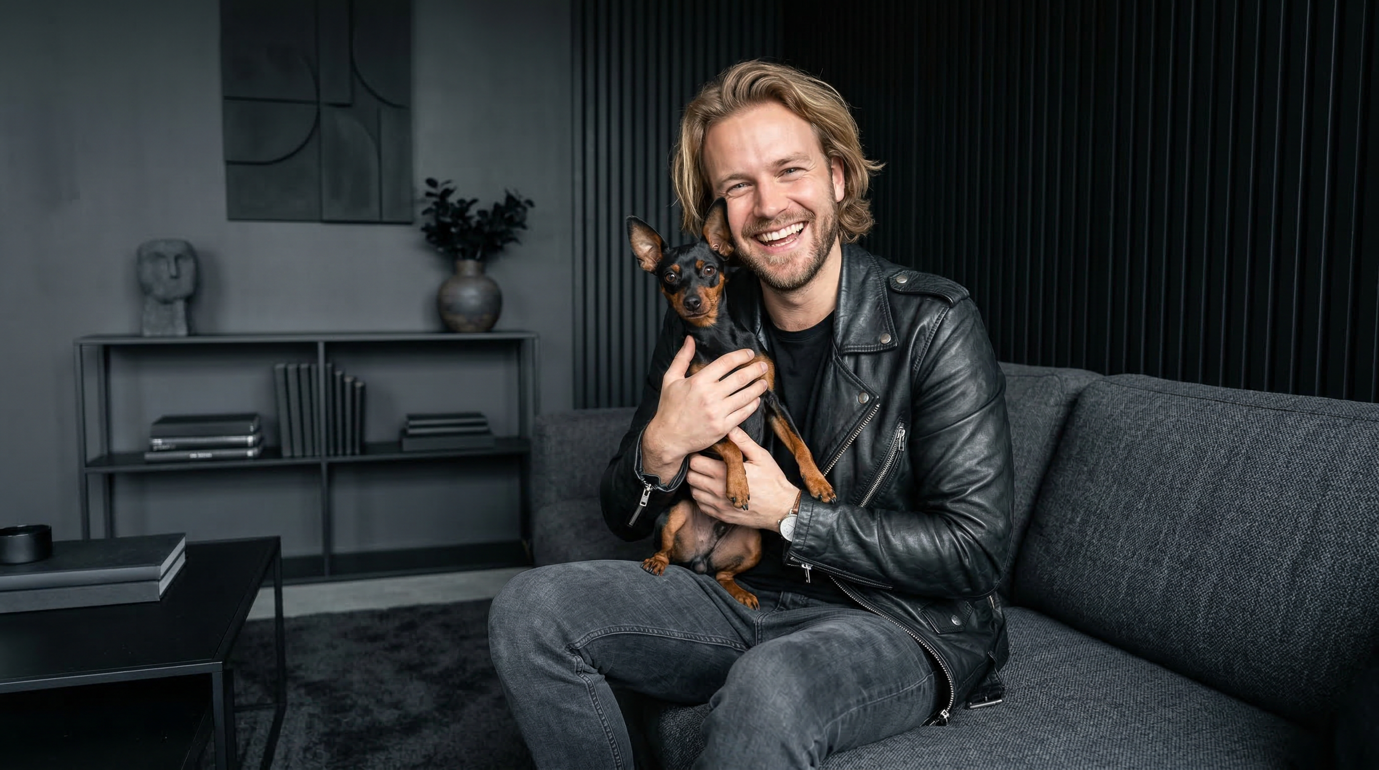 A smiling man with long blond hair sits on a couch while holding a small black and tan dog.