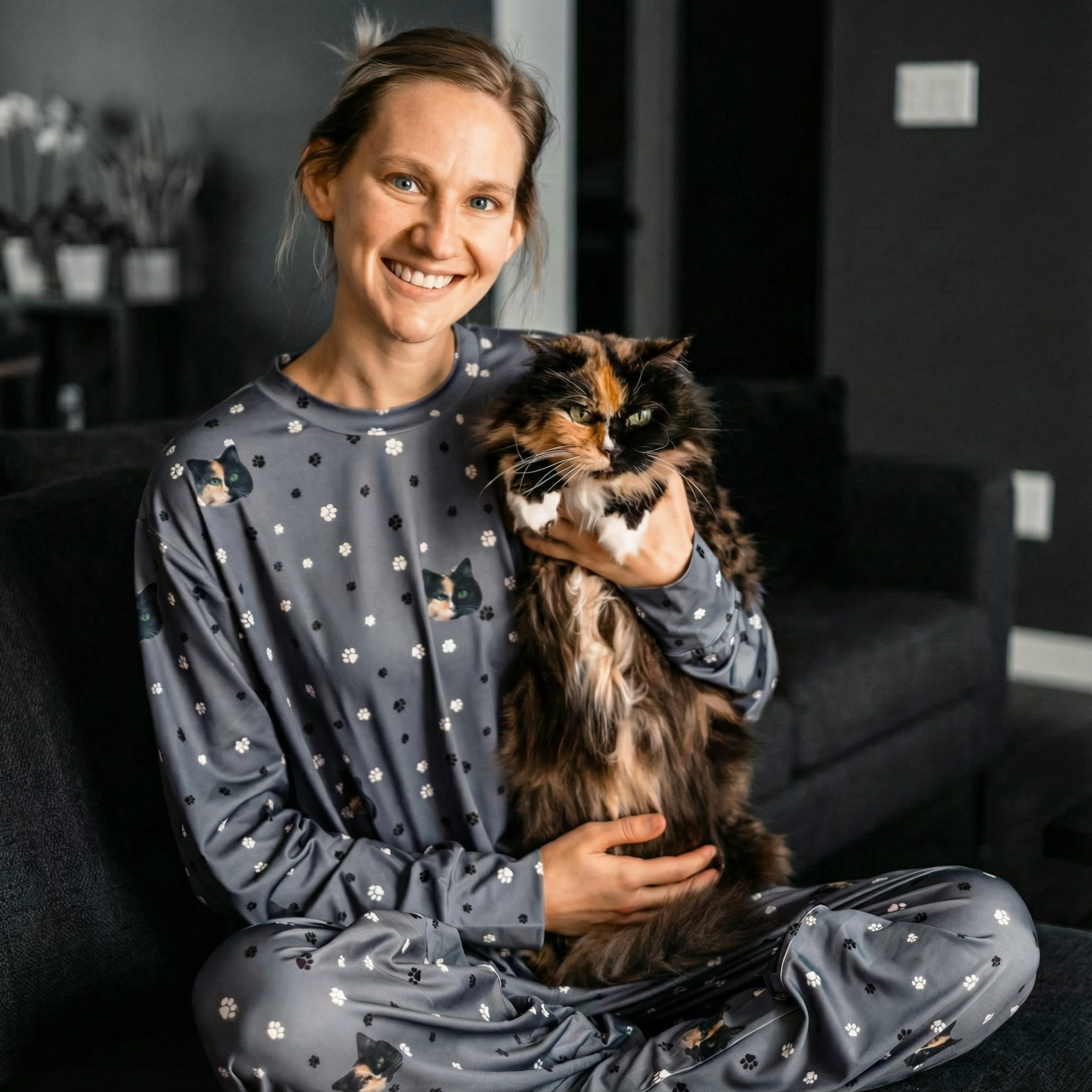 Woman in grey cat-print pajamas smiling while holding a fluffy calico cat on a dark couch.