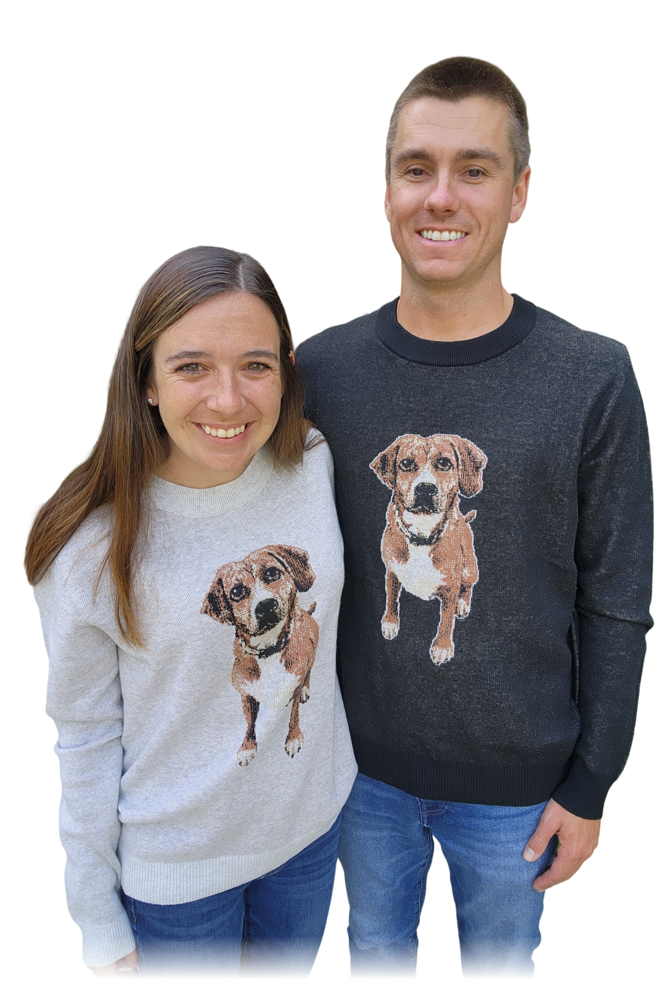 A smiling couple stands side by side wearing matching knit sweaters, each featuring a realistic portrait of a brown dog on the front.