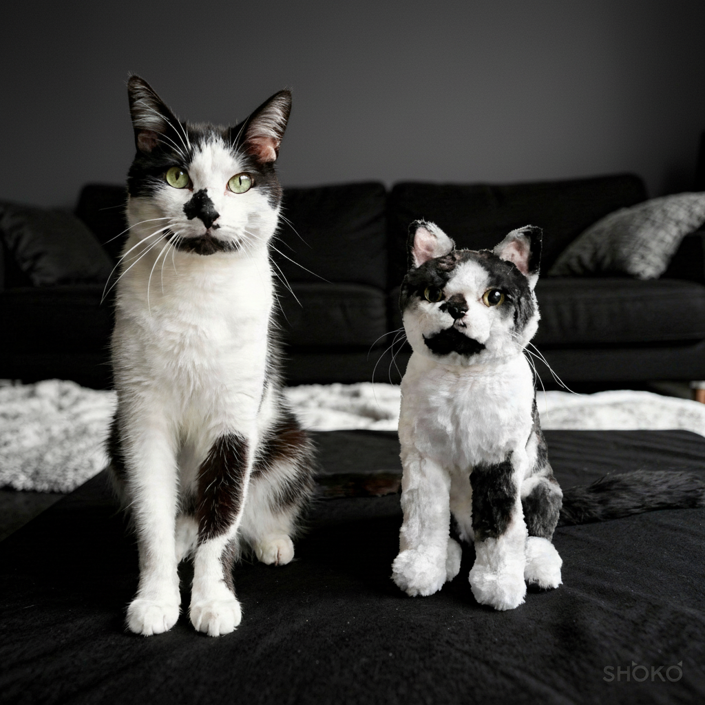 A black and white cat sitting next to a plush toy replica of itself on a dark reflective surface.