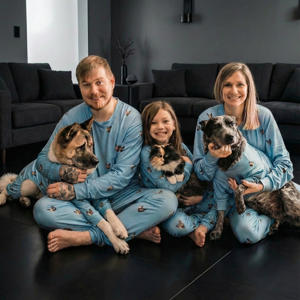 Family with dogs and a cat weaing  dog pajamas