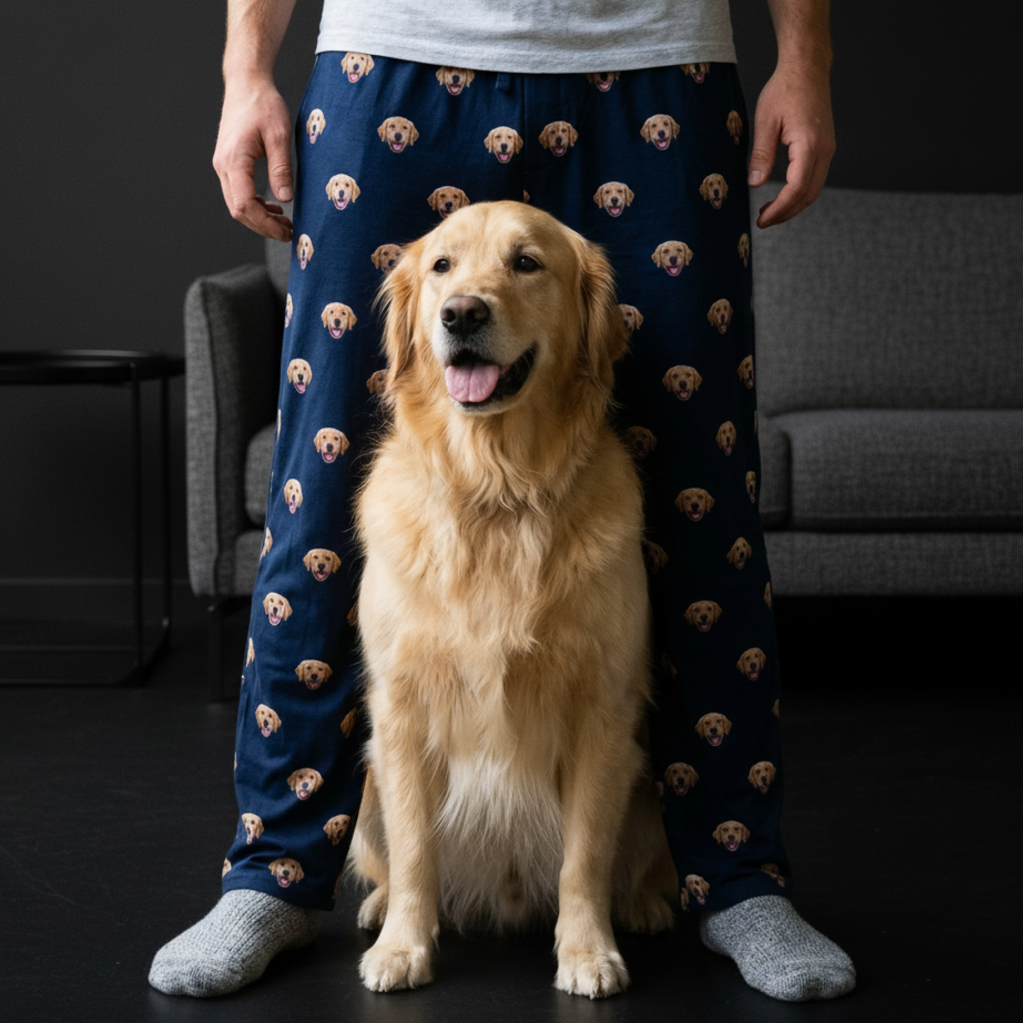 Golden retriever sits in front of a person wearing custom dog-face pajama pants.