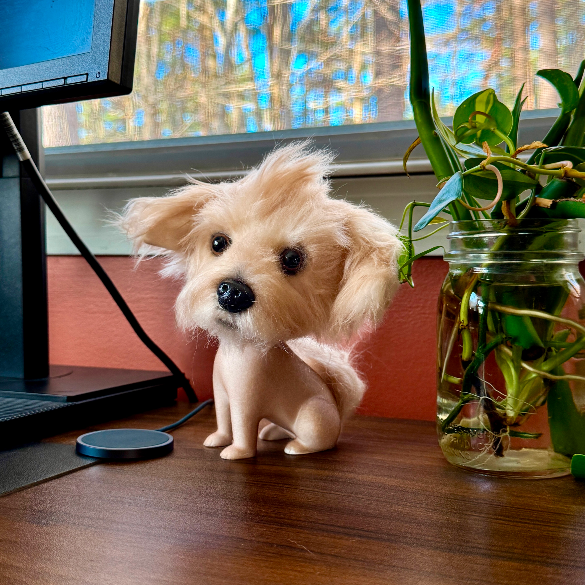 Fluffy cream-colored small dog bobblehead on dark surface with blurred living room background.