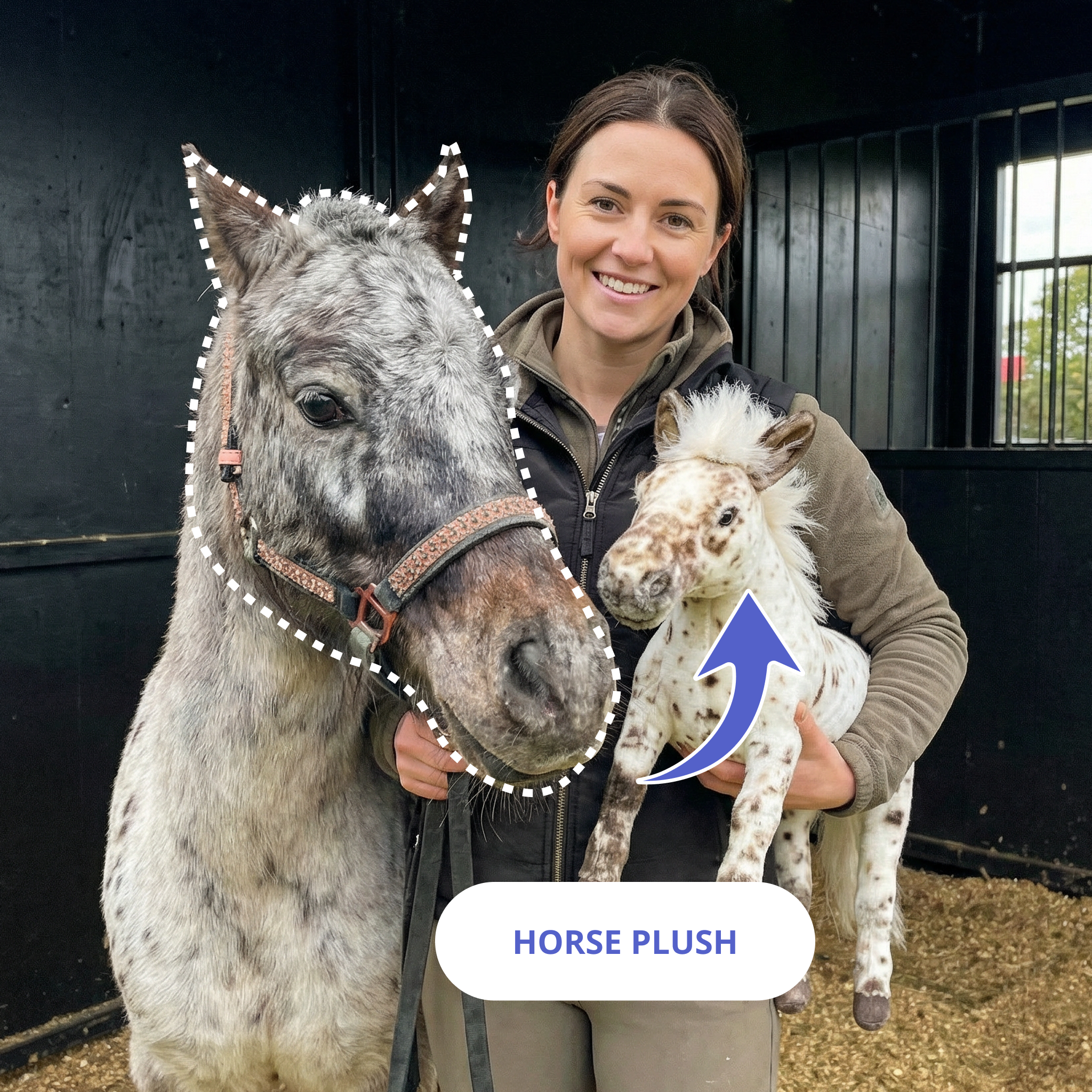 Woman holding a custom horse plush beside her real spotted grey horse in a stable