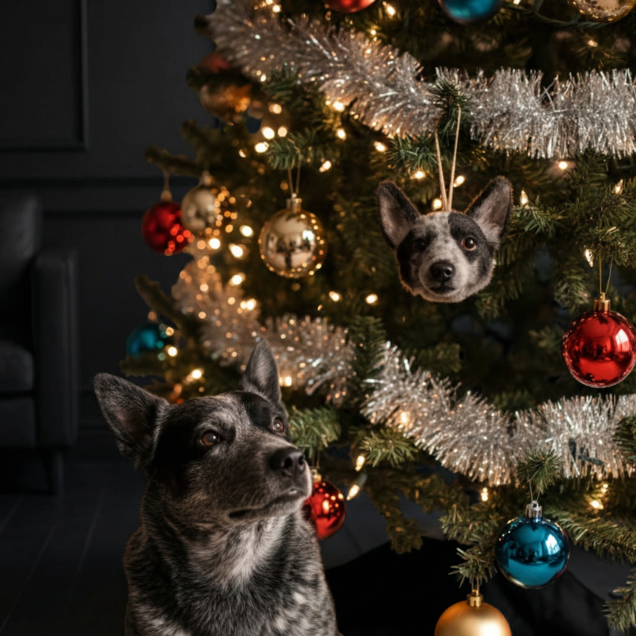 Dog next to a chistmas tree, there is a plush ornament of itself on the tree.