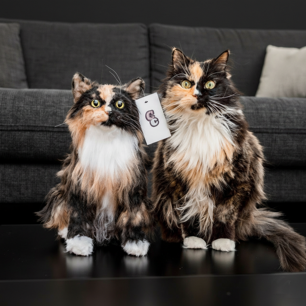 A side-by-side comparison of a custom plush replica and a real long-haired calico cat sitting on a wooden crate outdoors.