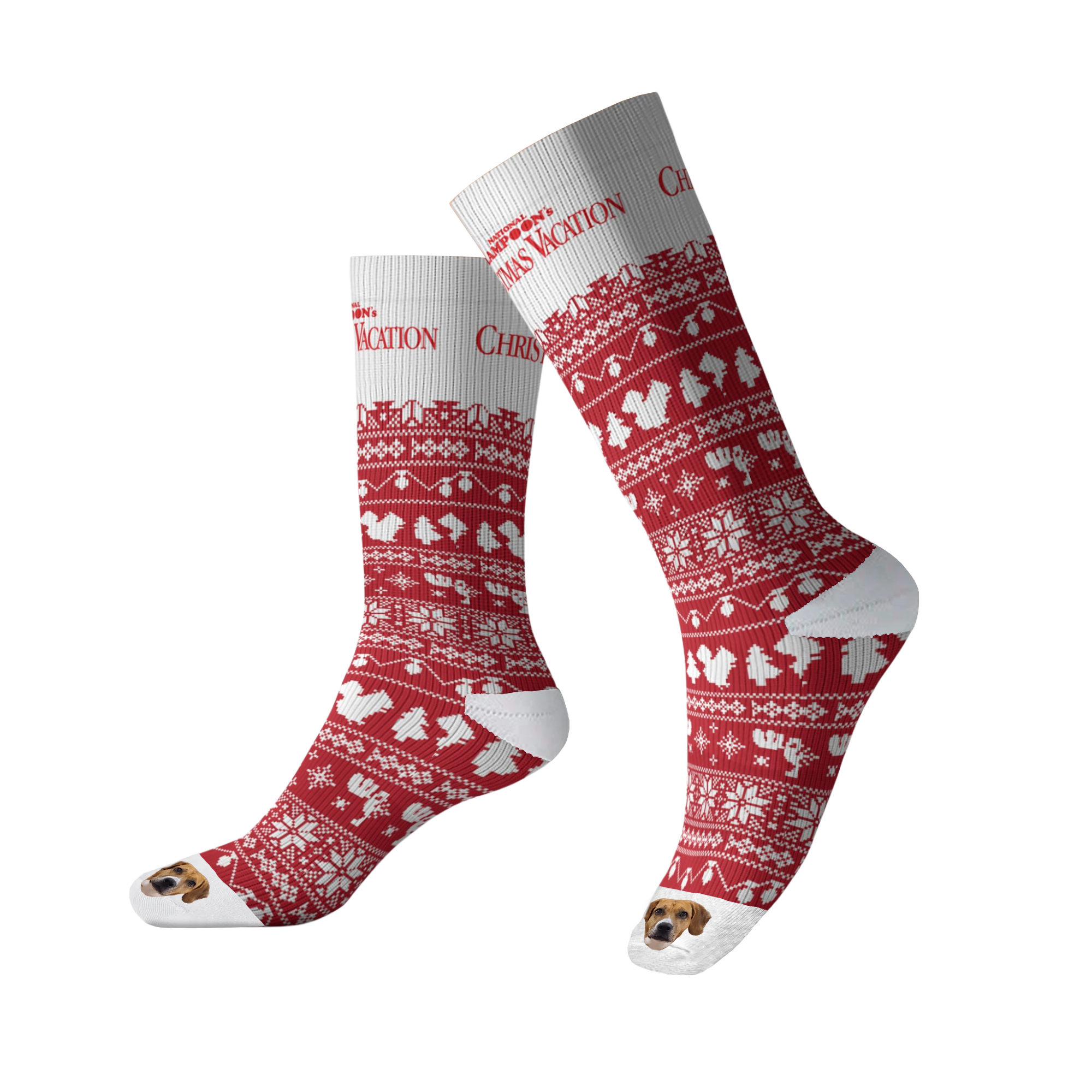 Red and white Christmas Vacation themed knit socks featuring festive holiday patterns including reindeer, snowflakes, and Christmas trees in a traditional fair isle design with detailed knitting work that showcases the seasonal motifs