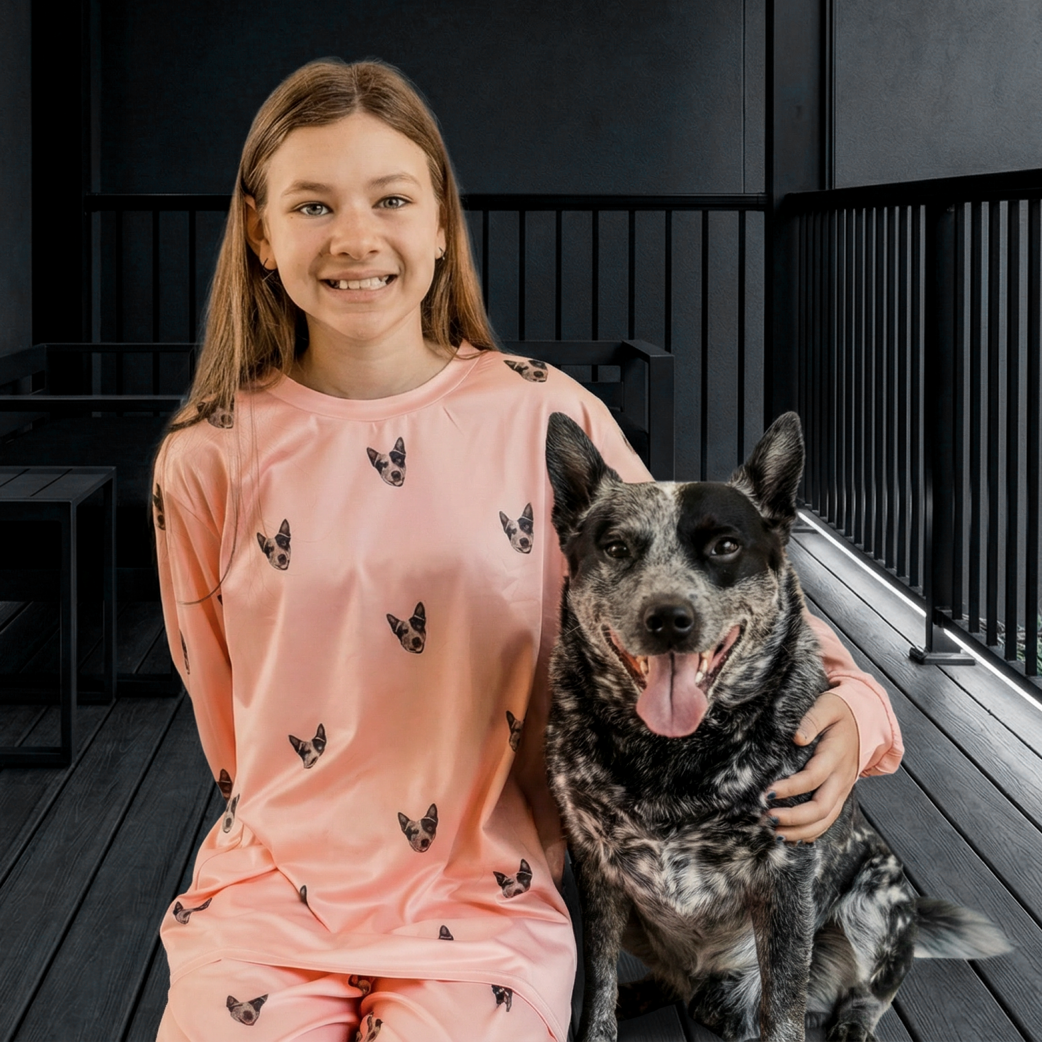 Girl in pink pajamas with dog-face prints sitting outside with a cattle dog.