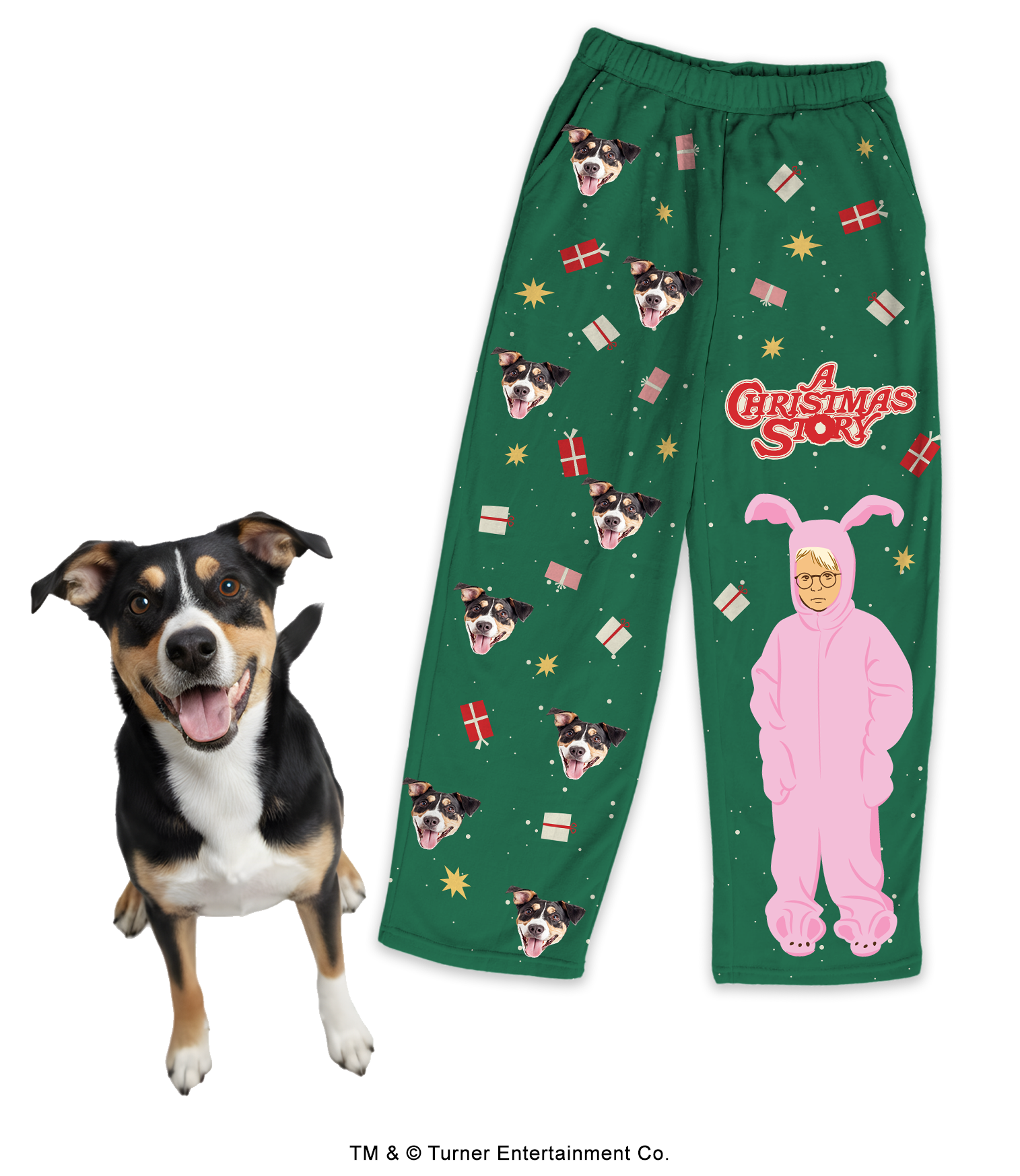 Green pajamas with cartoon dog faces, gifts, and pink bunny costume design.
