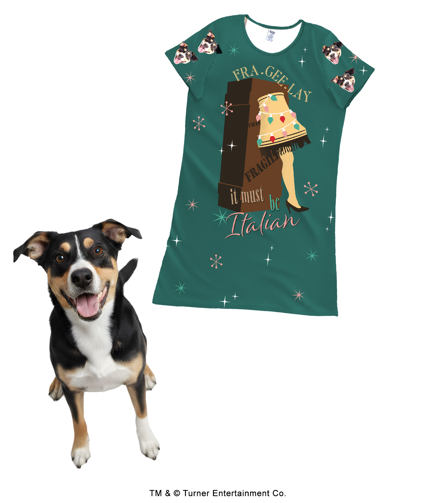 A short-sleeve nightgown in a dark teal color, featuring a graphic of the Leg Lamp in a wooden crate with the quote 'FRA-GEE-LAY it must be Italian.' The nightgown is patterned with starbursts, and the sleeves feature a repeating design of a black, white, and tan dog's face. A real dog with matching markings stands happily in the foreground.