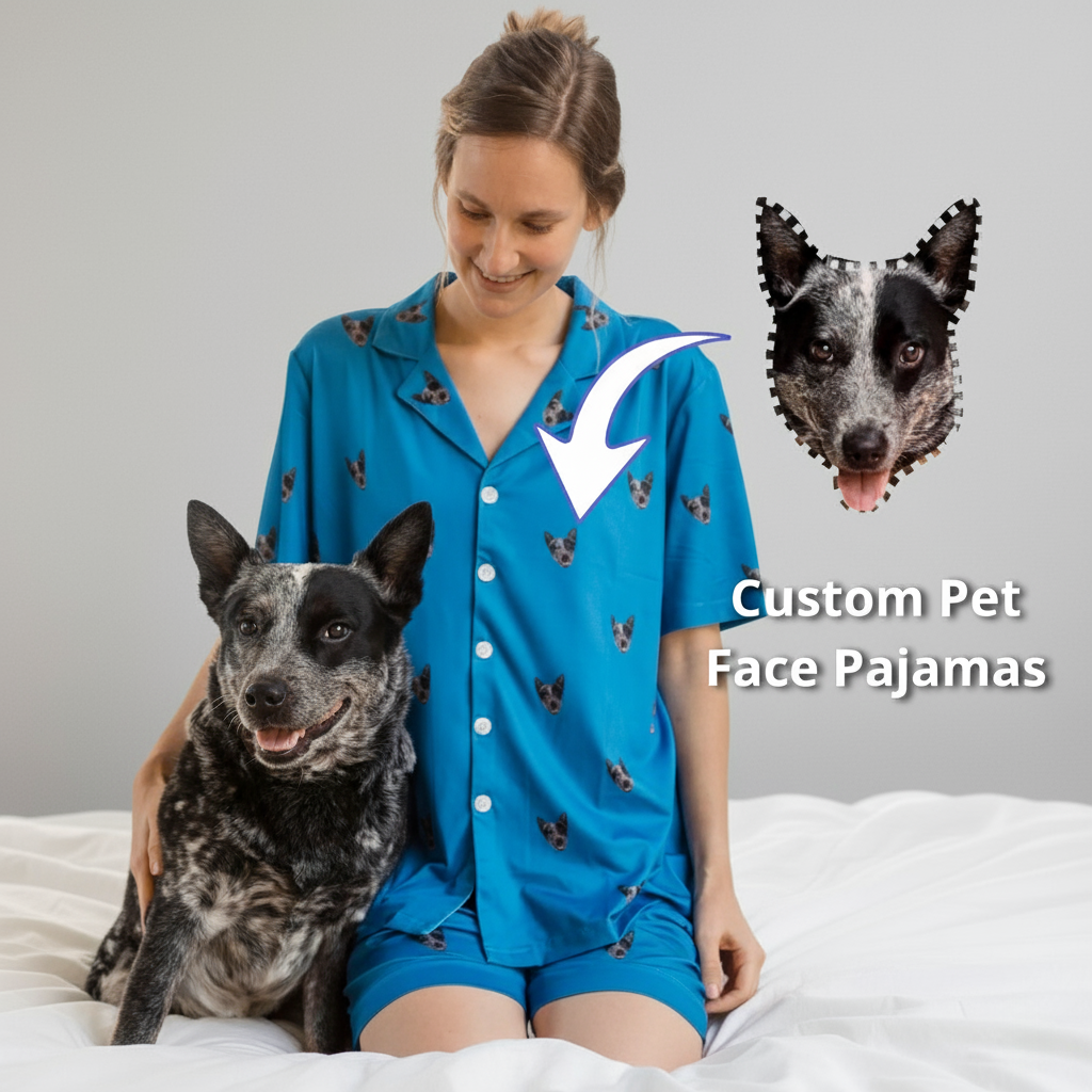 Person in blue pajamas with a dog print, sitting with a black and white dog.