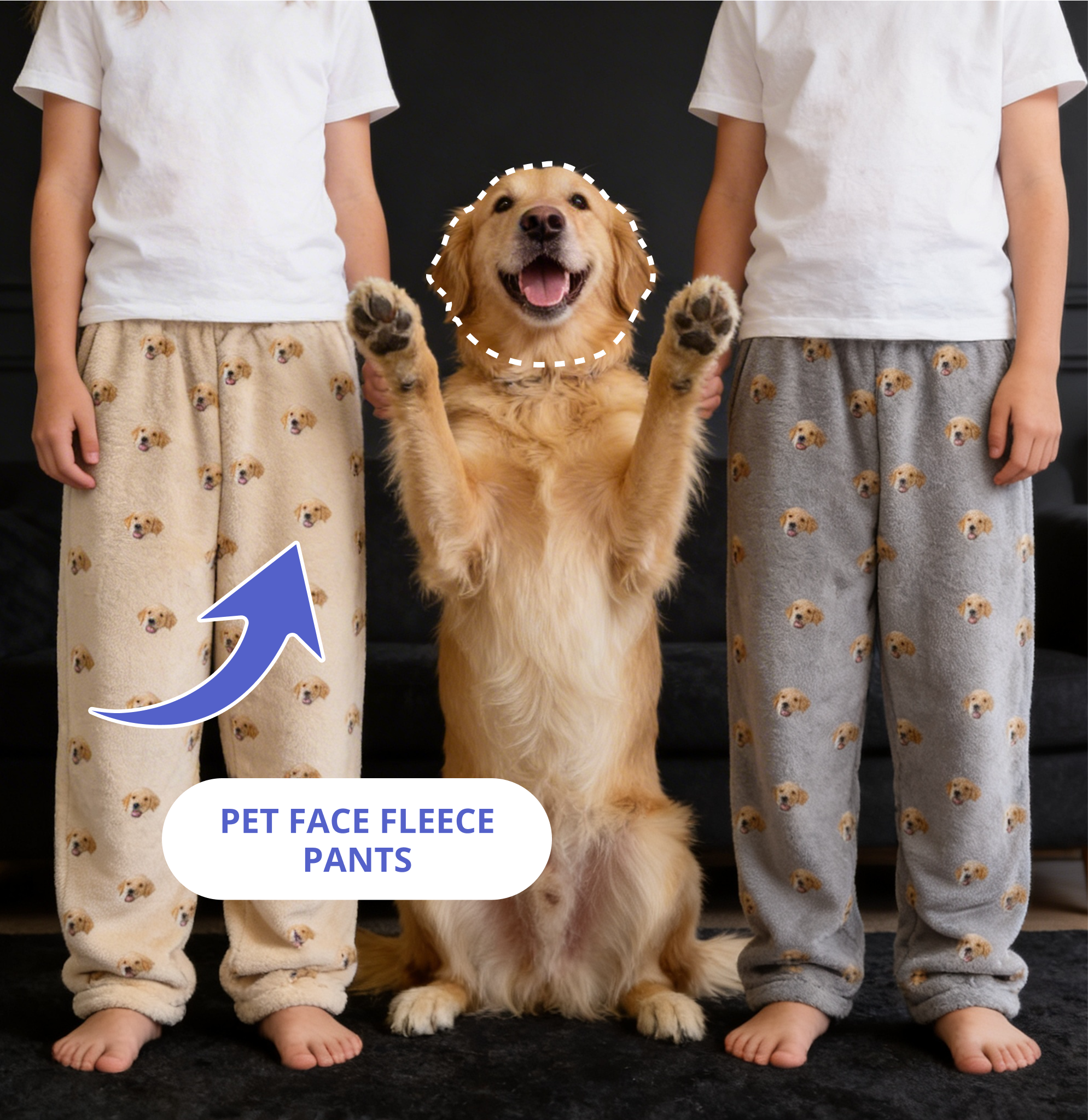 Happy golden retriever sitting between two people wearing pajama pants with the dog’s face