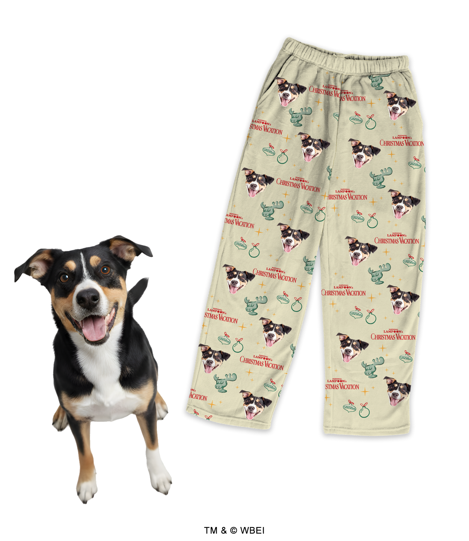 Light beige pajama pants customized with a repeating pattern of a black, white, and tan dog's face, the 'Christmas Vacation' logo, moose mugs, and small ornaments. A real dog with matching markings stands happily next to the pants.