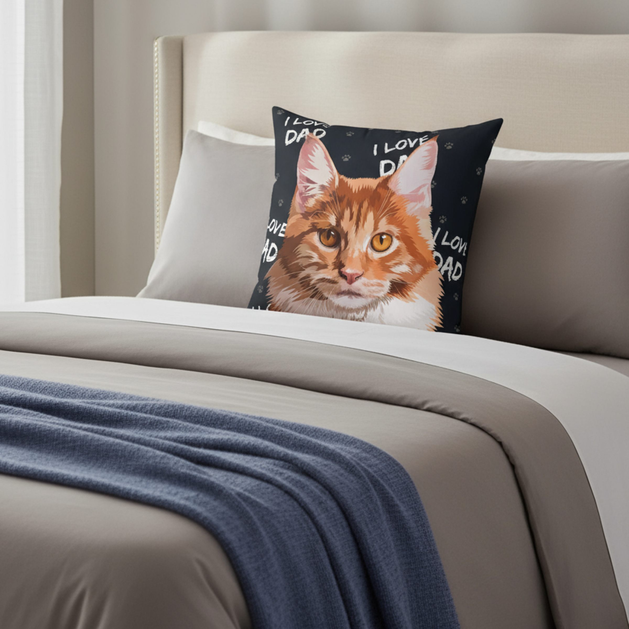 A throw pillow featuring a large portrait of an orange and white fluffy cat (likely a Maine Coon) rests on a bed with neutral brown bedding. 