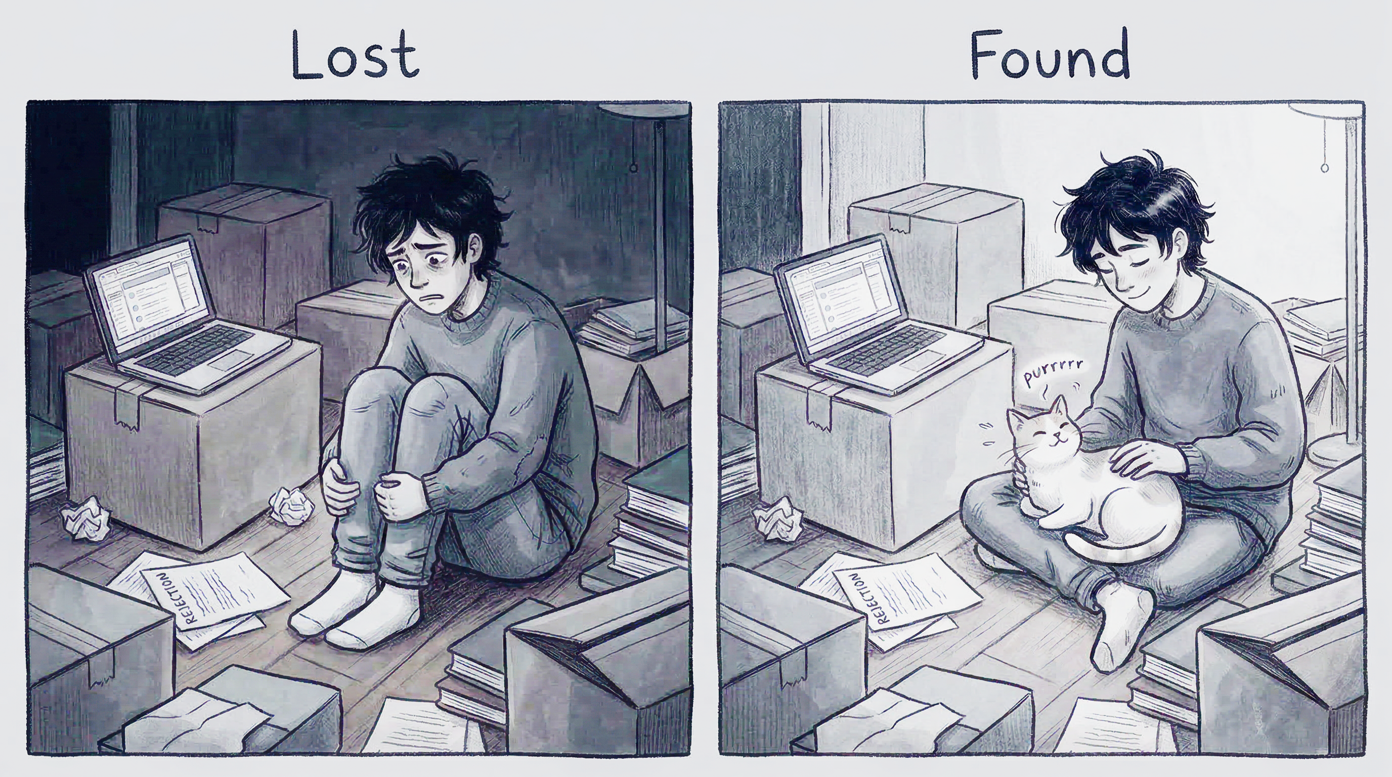 A two-panel comic where a sad person becomes happy after finding a cat to pet in their room.