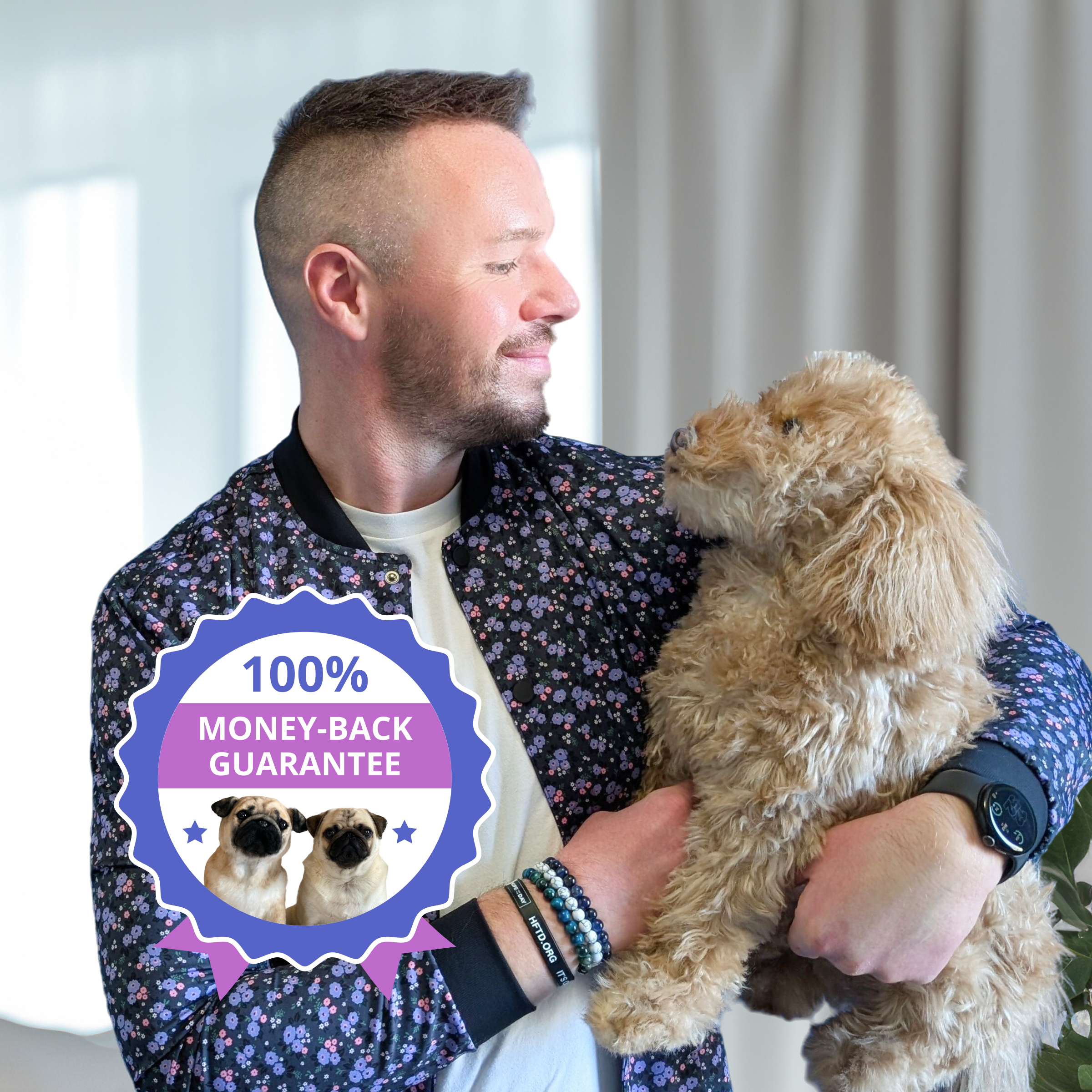 Person holding a fluffy plush toy, with a '100% Money-Back Guarantee' label on the side.