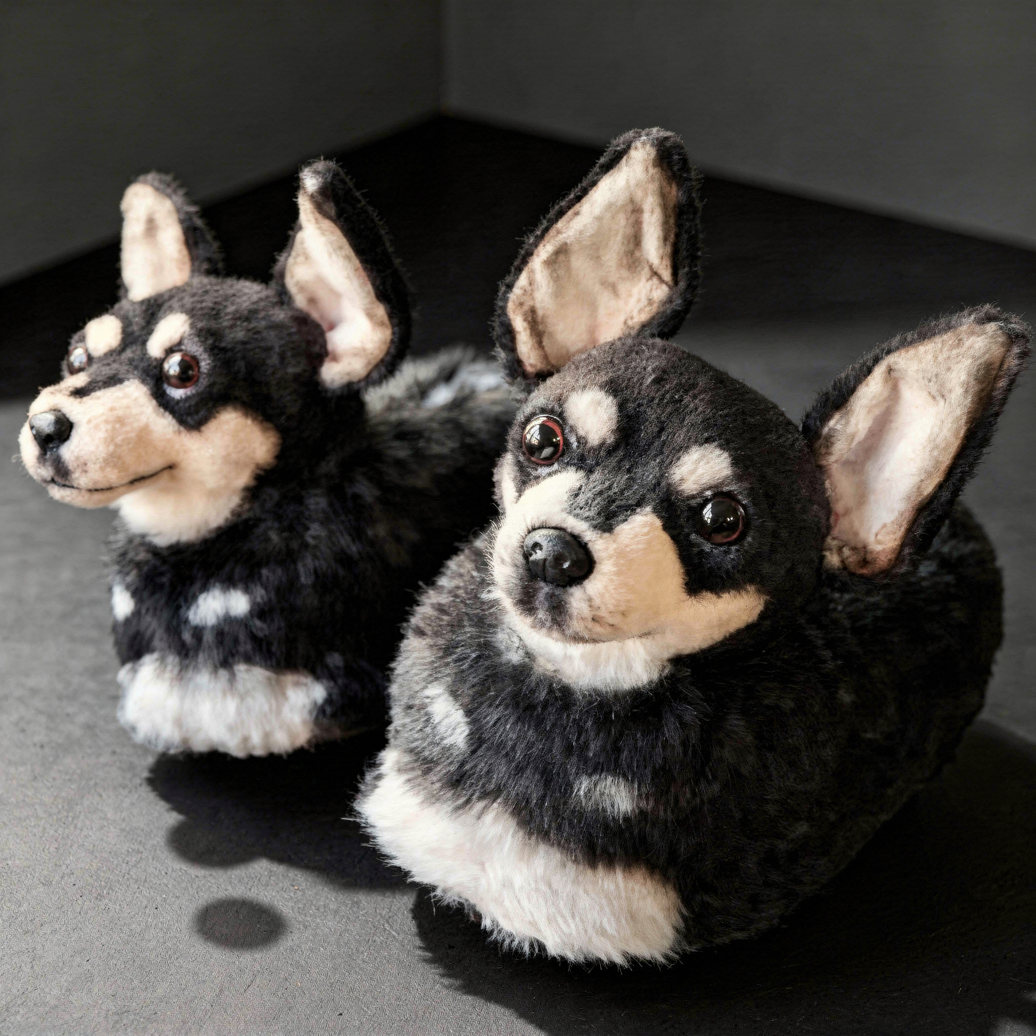 Pair of hyper-realistic plush slippers shaped like black & tan Chihuahua dogs, worn on a person's feet.