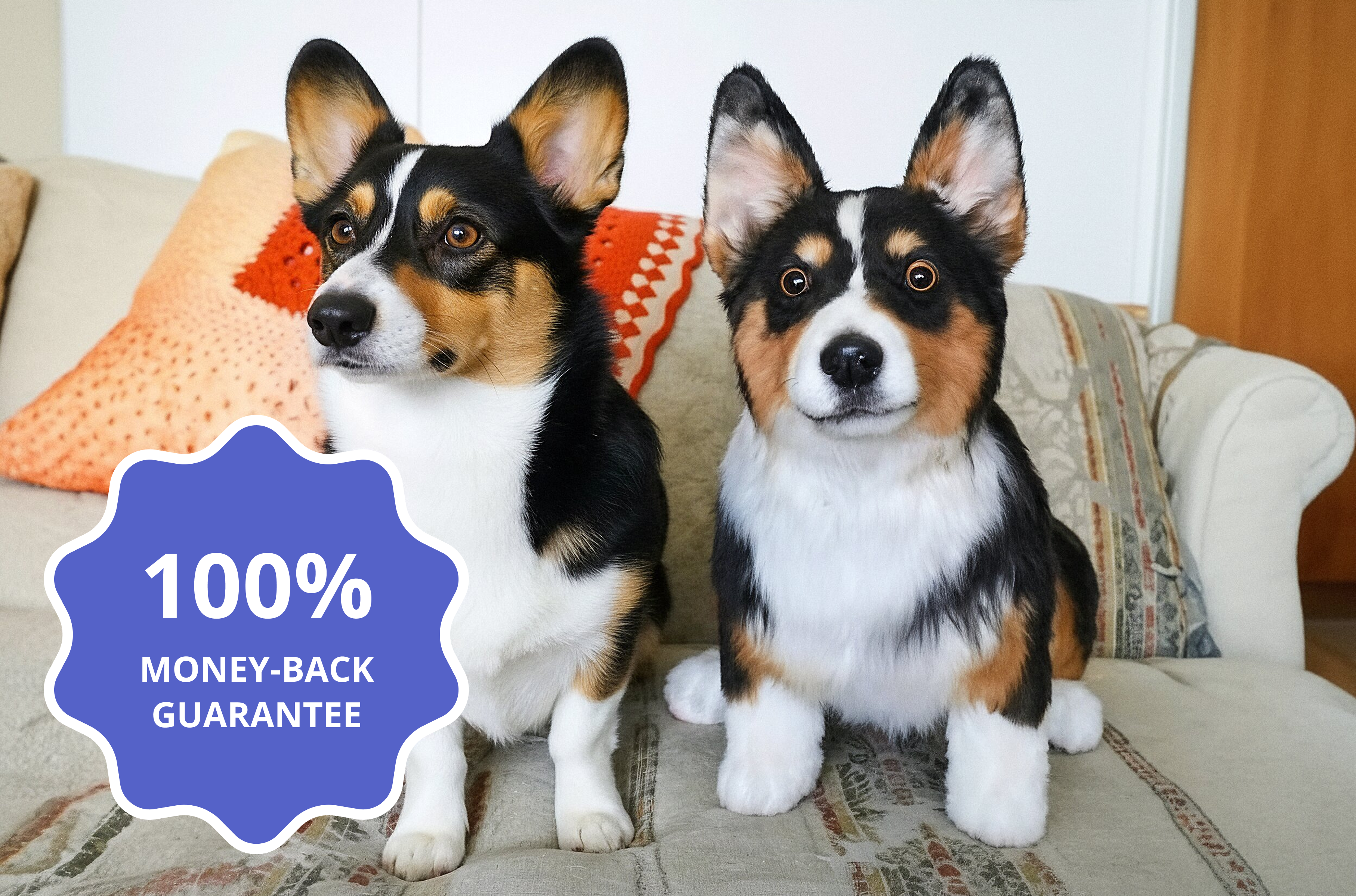 Two Corgi dogs sitting side by side on a beige couch with decorative pillows - one real dog and one plush replica.