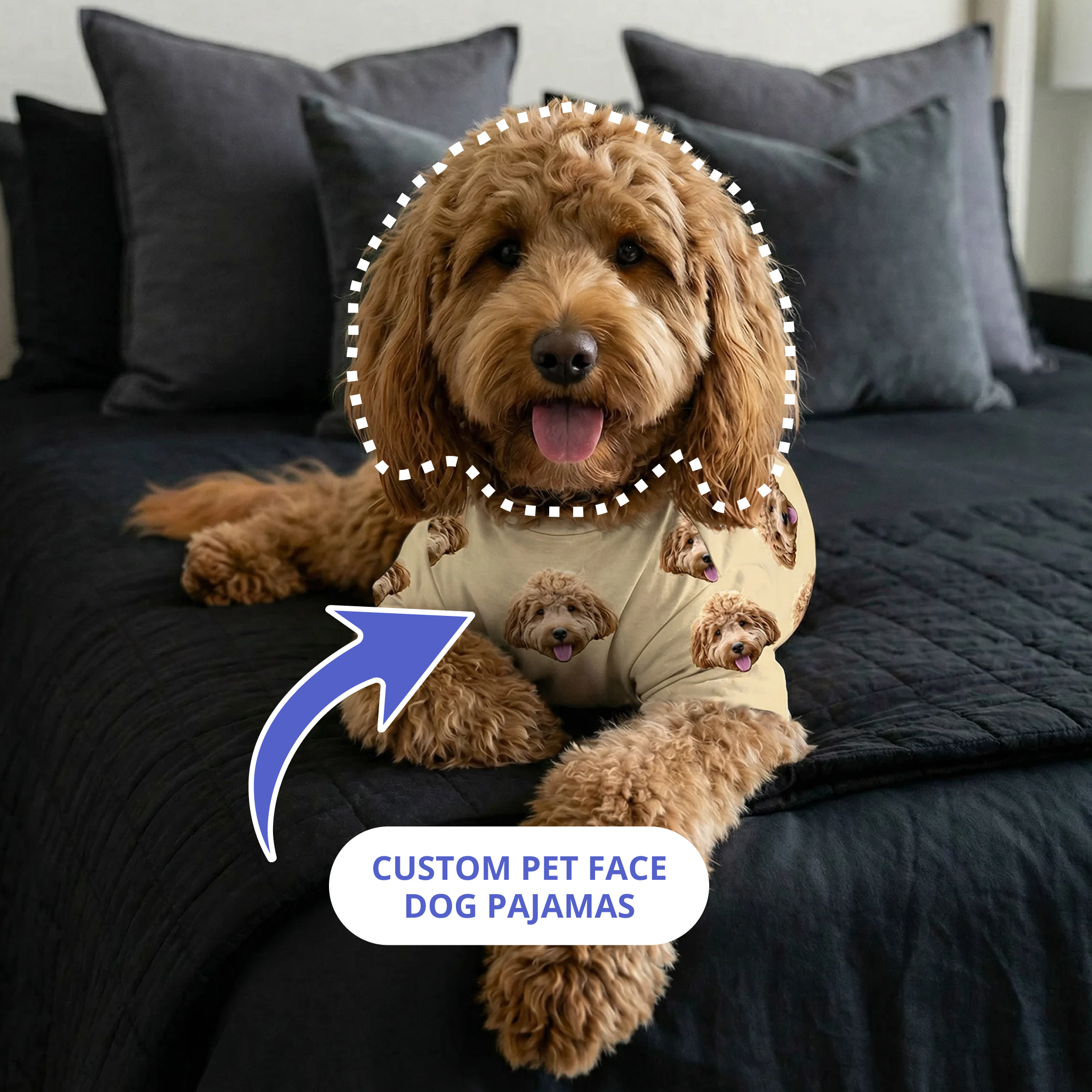 Dog with a yellow pajamas on a bed.