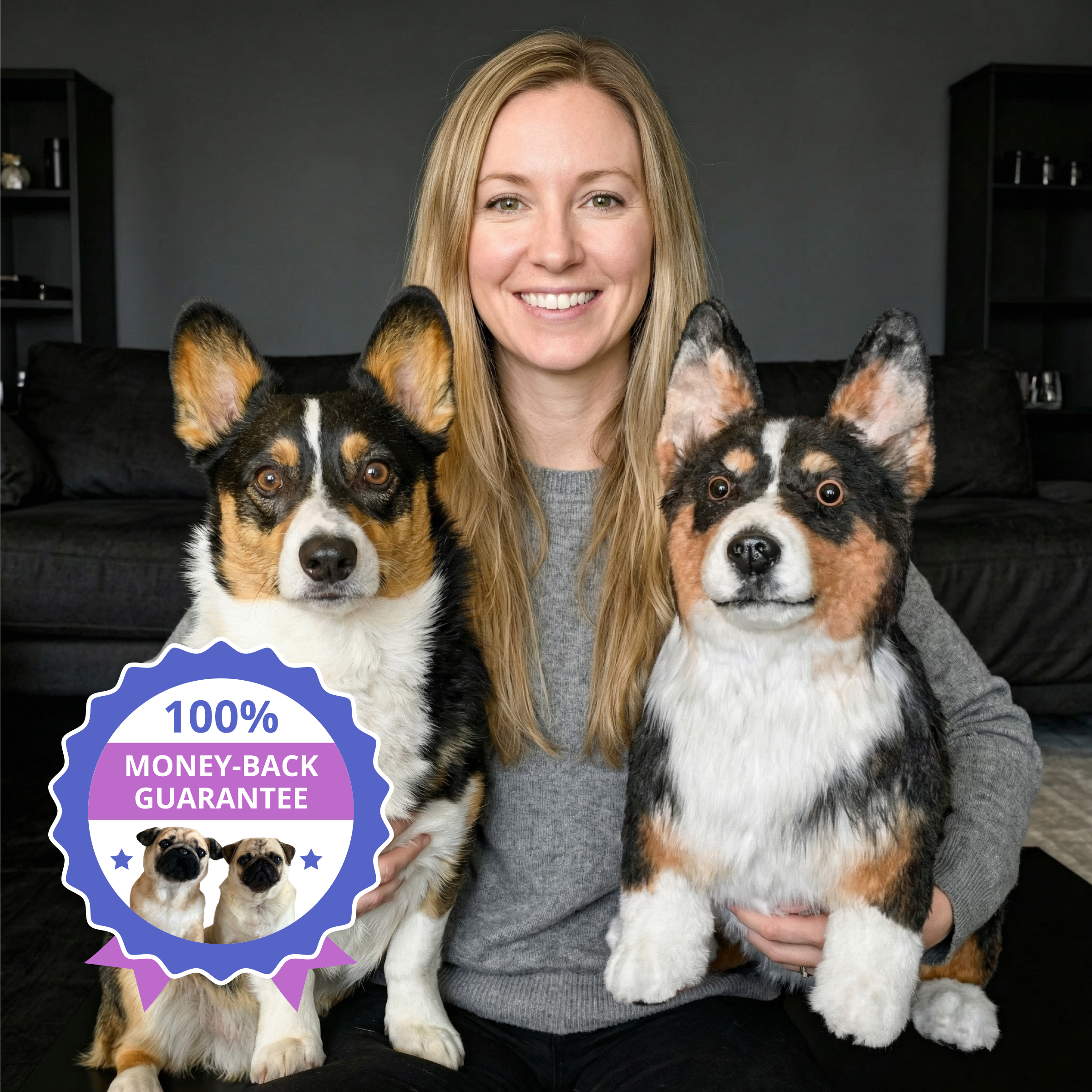 Woman with corgi and its lifelike Cuddle Clone plush, 100% money-back guarantee badge