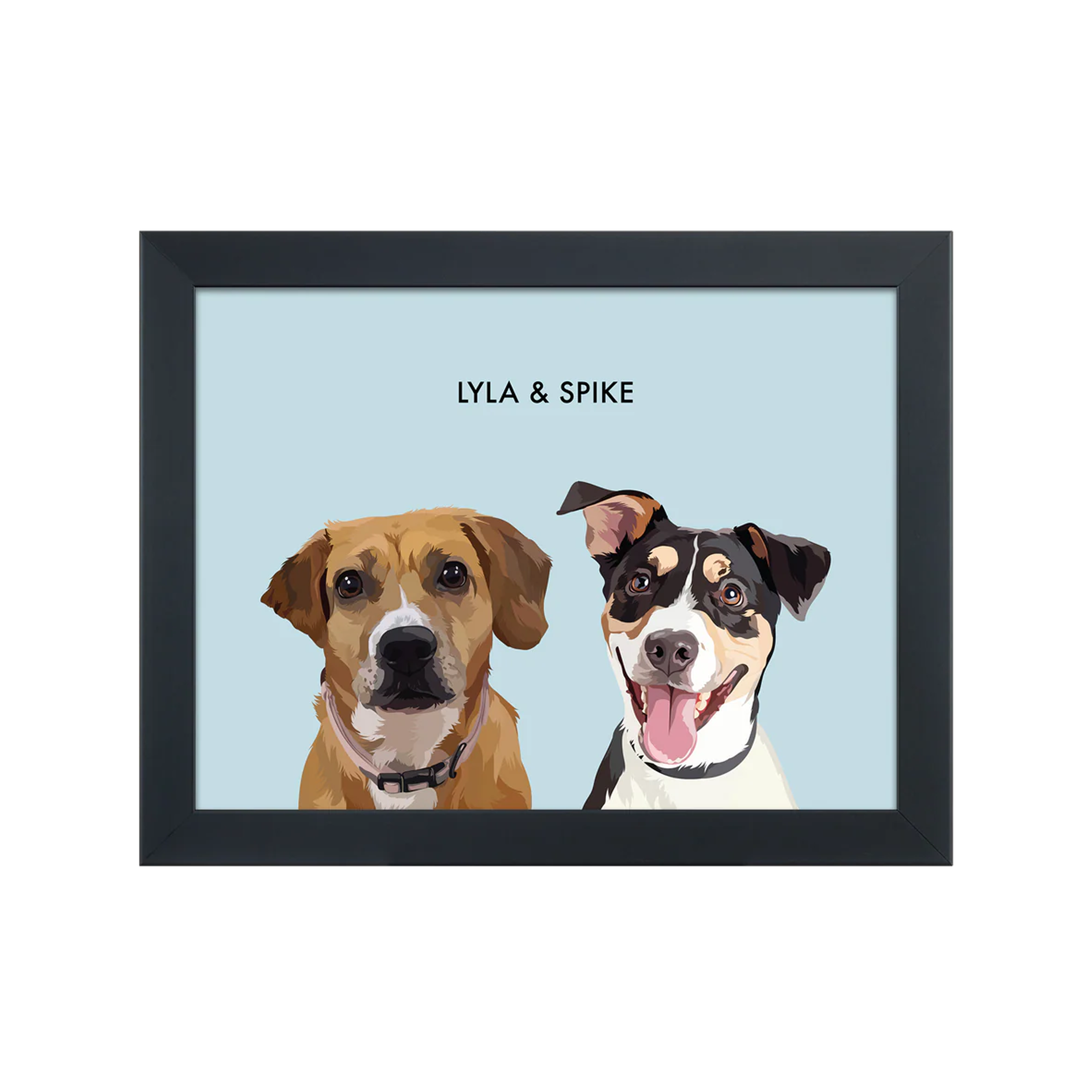 Illustration of two dogs, one brown and one black and white, in a black frame.