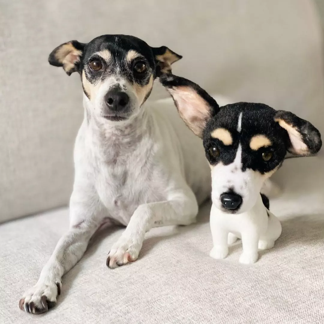 A dog sitting next to a small toy replica of itself on a couch.