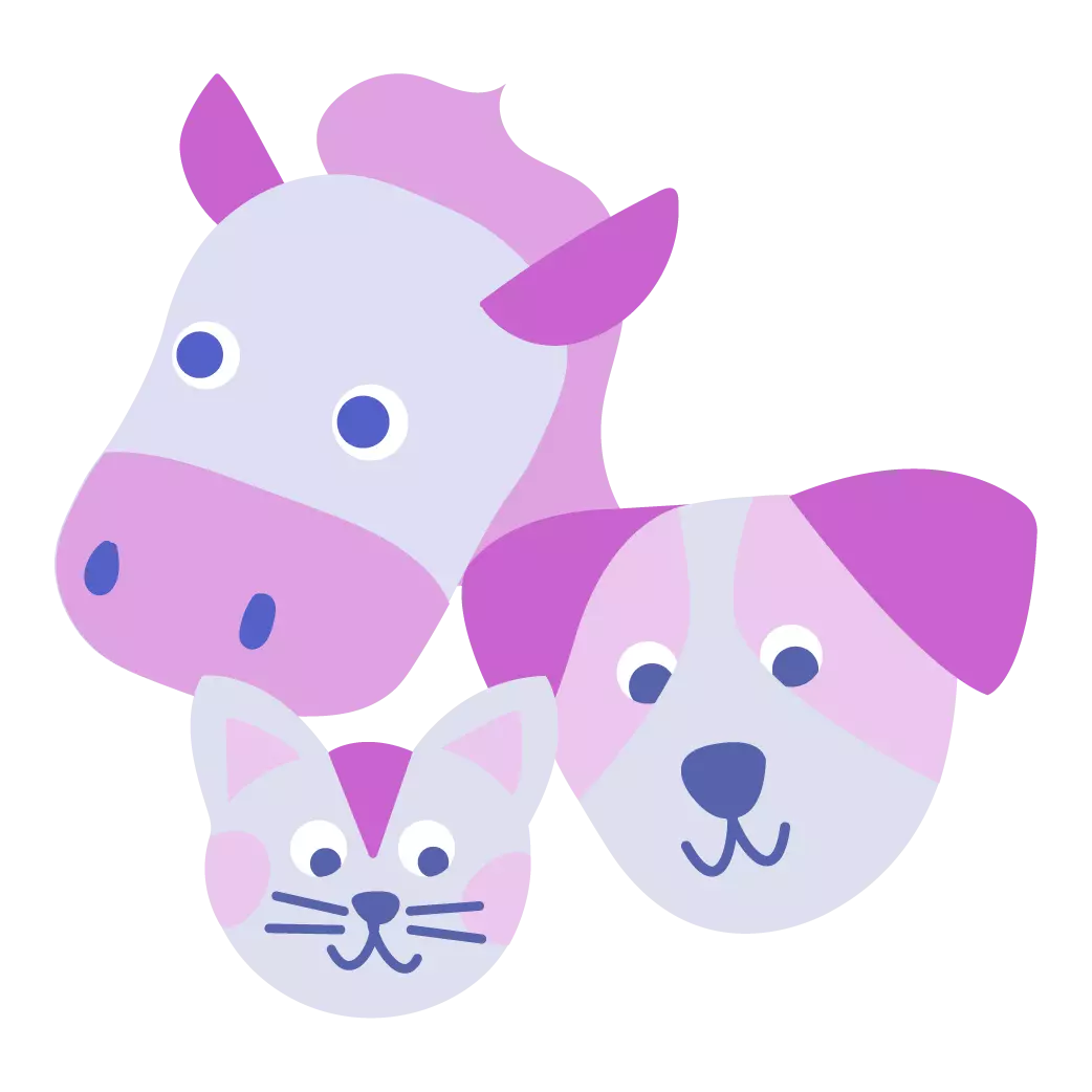 Illustrated faces of a horse, cat, and dog in pastel colors.