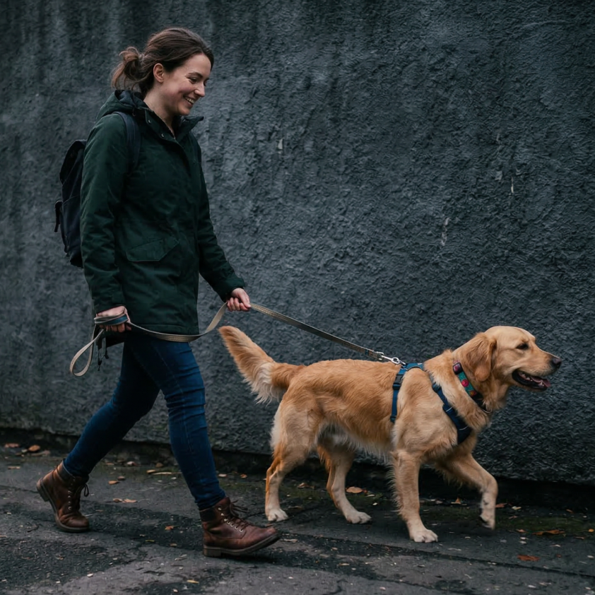 A smiling woman in a green jacket and jeans walking a golden retriever on a leash.