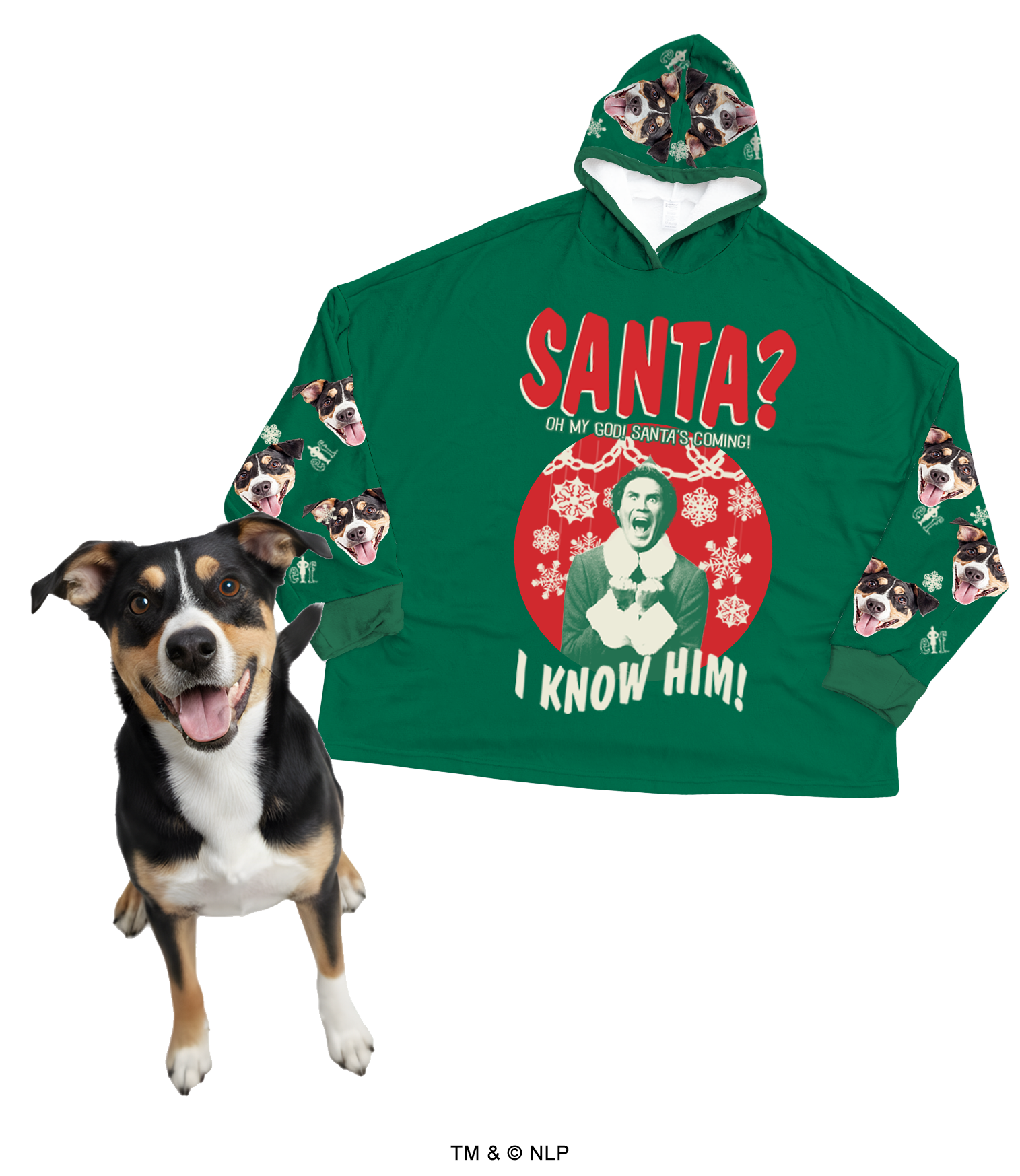 An oversized green hooded blanket featuring Buddy the Elf with the quote 'Santa? Oh my God! Santa's coming! I know him!' The blanket is patterned with a repeating design of a black, white, and tan dog's face.