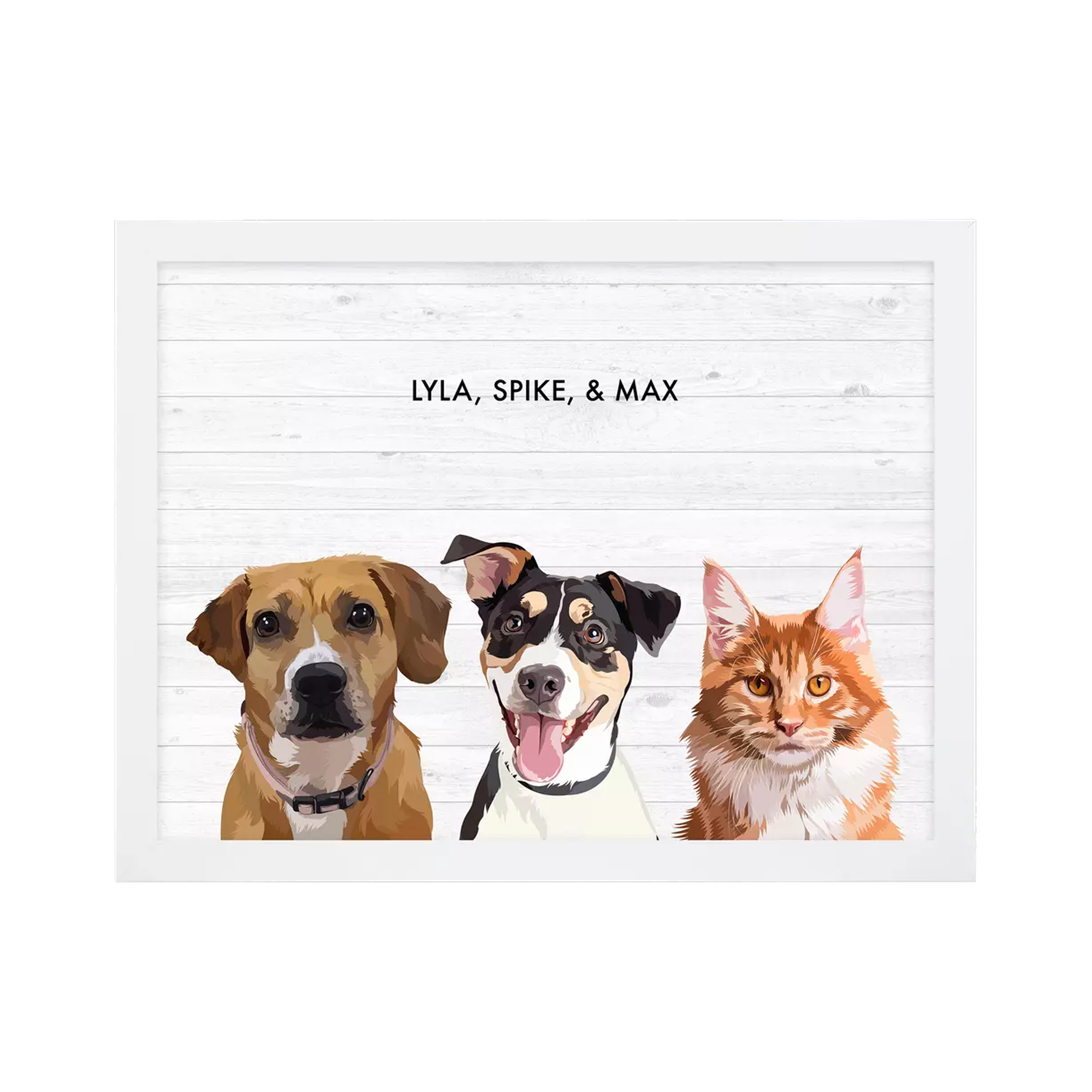 Illustration of two dogs and a cat with names Lyla, Spike, and Max.