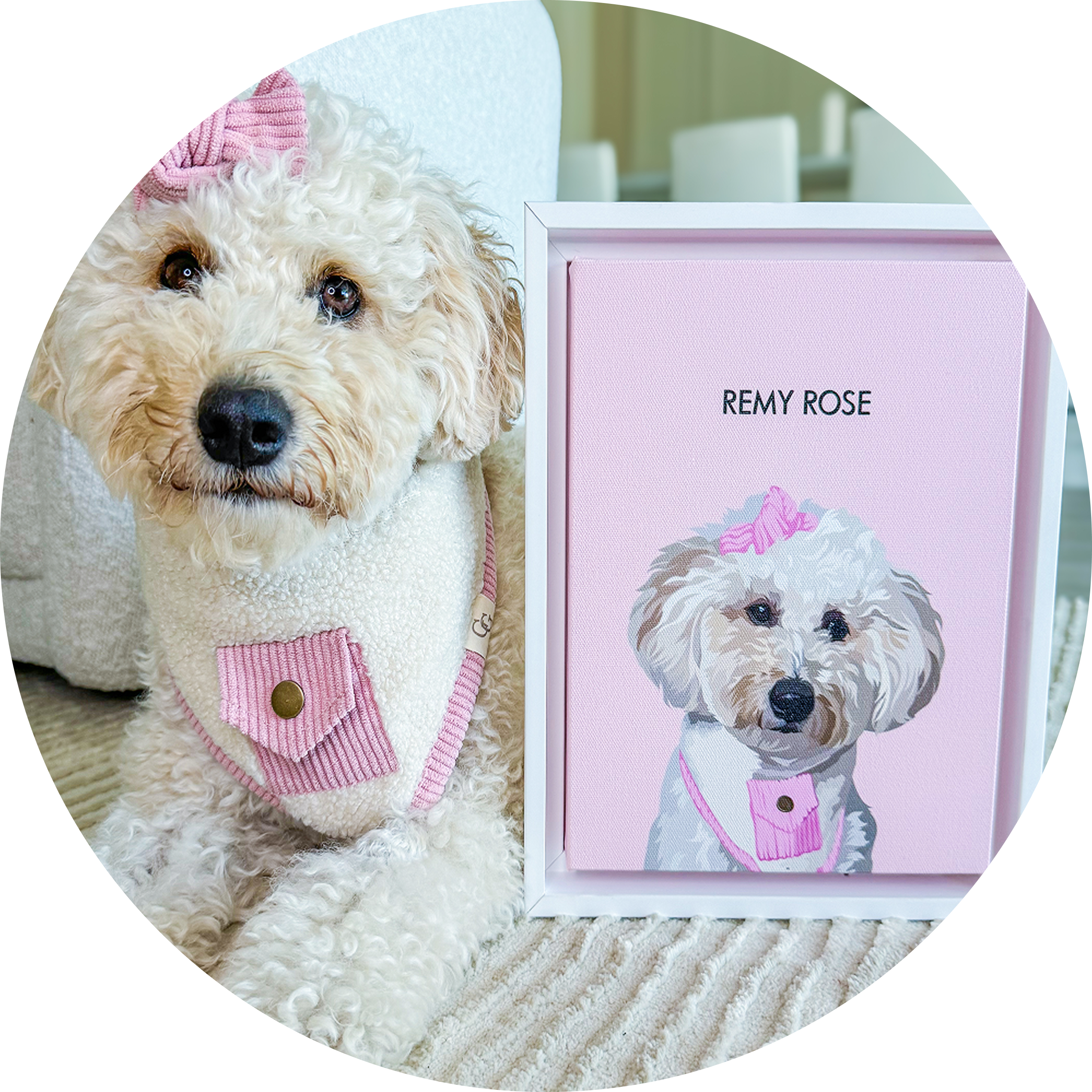 A fluffy dog with a pink bow next to its painted portrait.