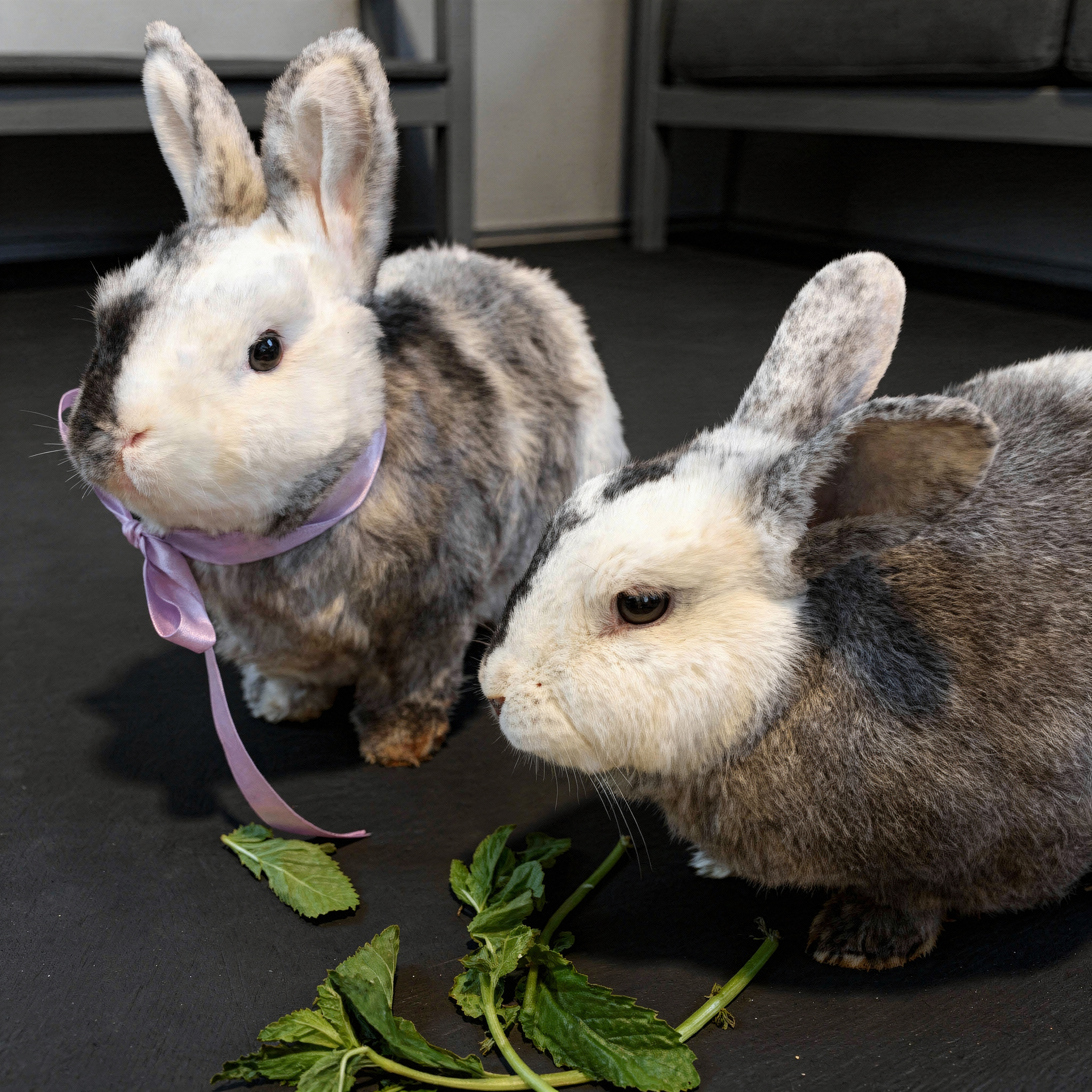 Two rabbits sit on a wooden floor with fresh green leaves. One of the rabbits, the one on the left side is a plush replica.