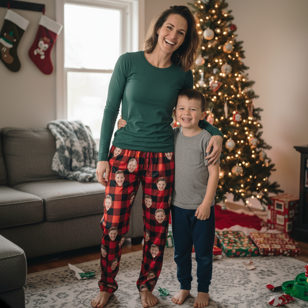Woman and child smiling in front of a decorated Christmas tree.