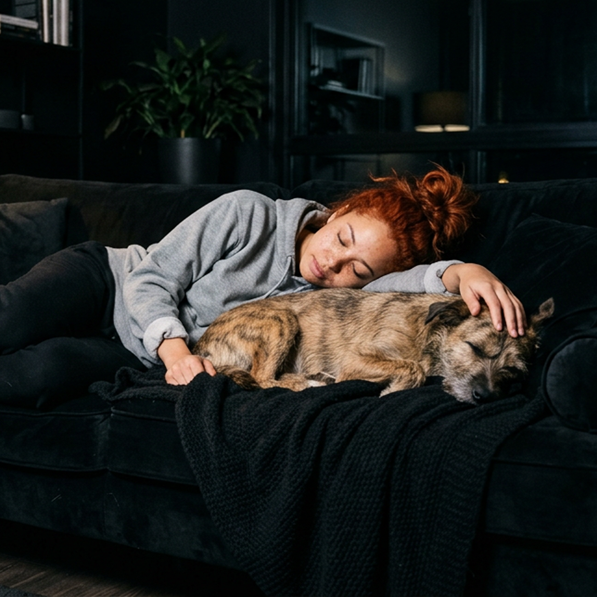A woman with red hair sleeps on a dark couch, her hand resting on her sleeping dog.